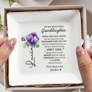 Beautiful Message For Granddaughter With Pansy Flower Design - Personalized Custom Jewelry Dish - GDT209_SCRD