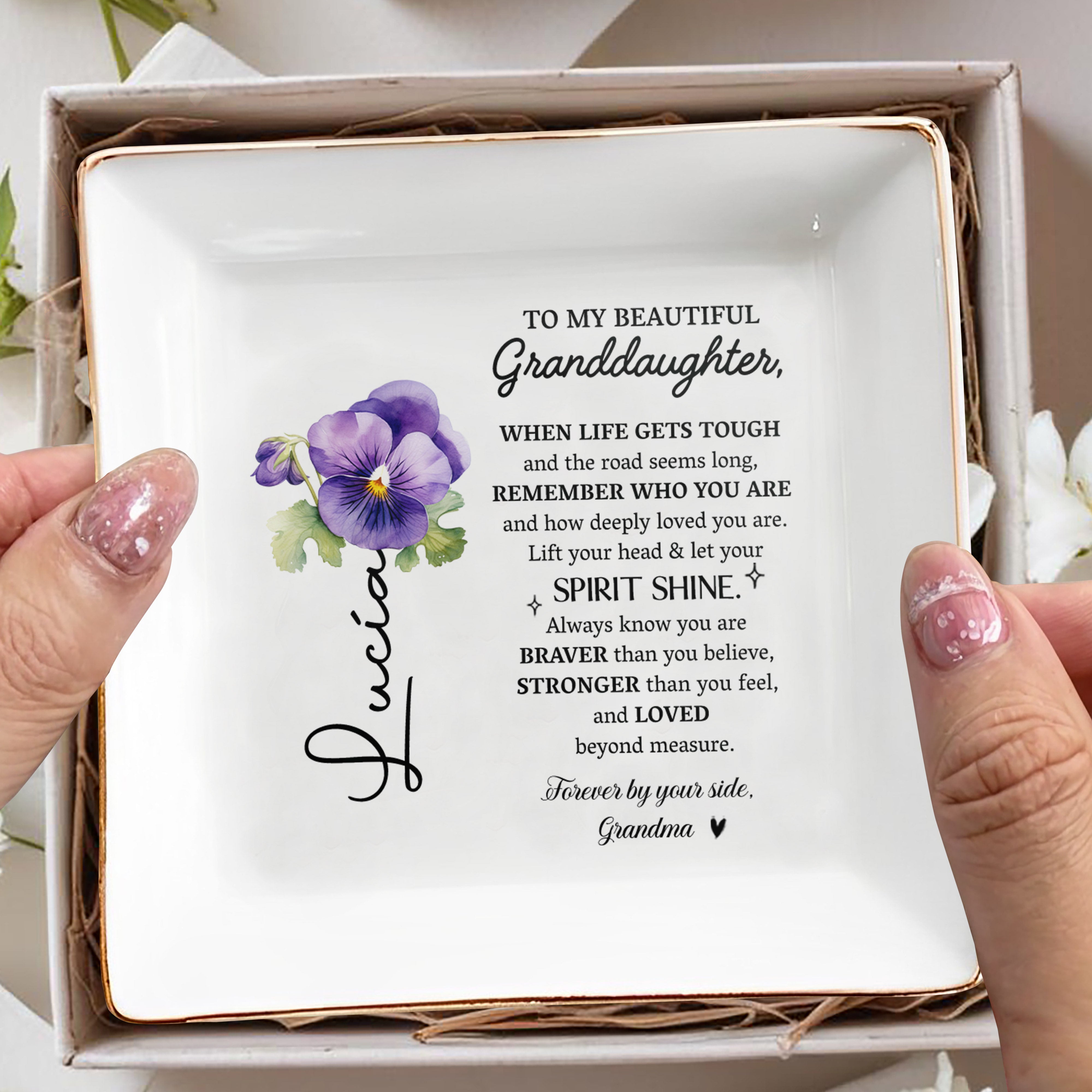 Beautiful Message For Granddaughter With Pansy Flower Design - Personalized Custom Jewelry Dish - GDT209_SCRD