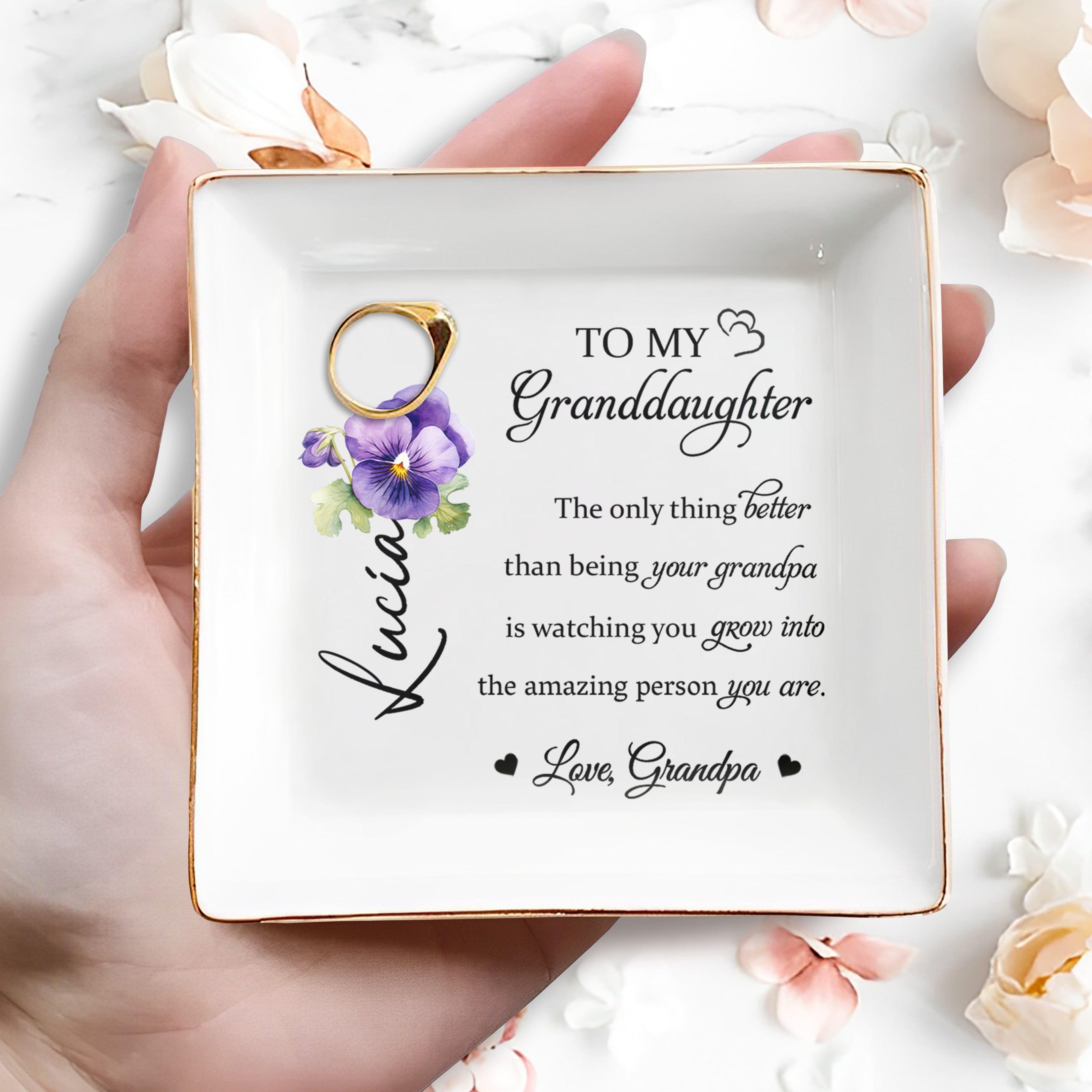 To My Granddaughter Watch You Grow Into Amazing Person Flower Design - Personalized Custom Jewelry Dish, Square Ceramic Dish - GDT218_SCRD