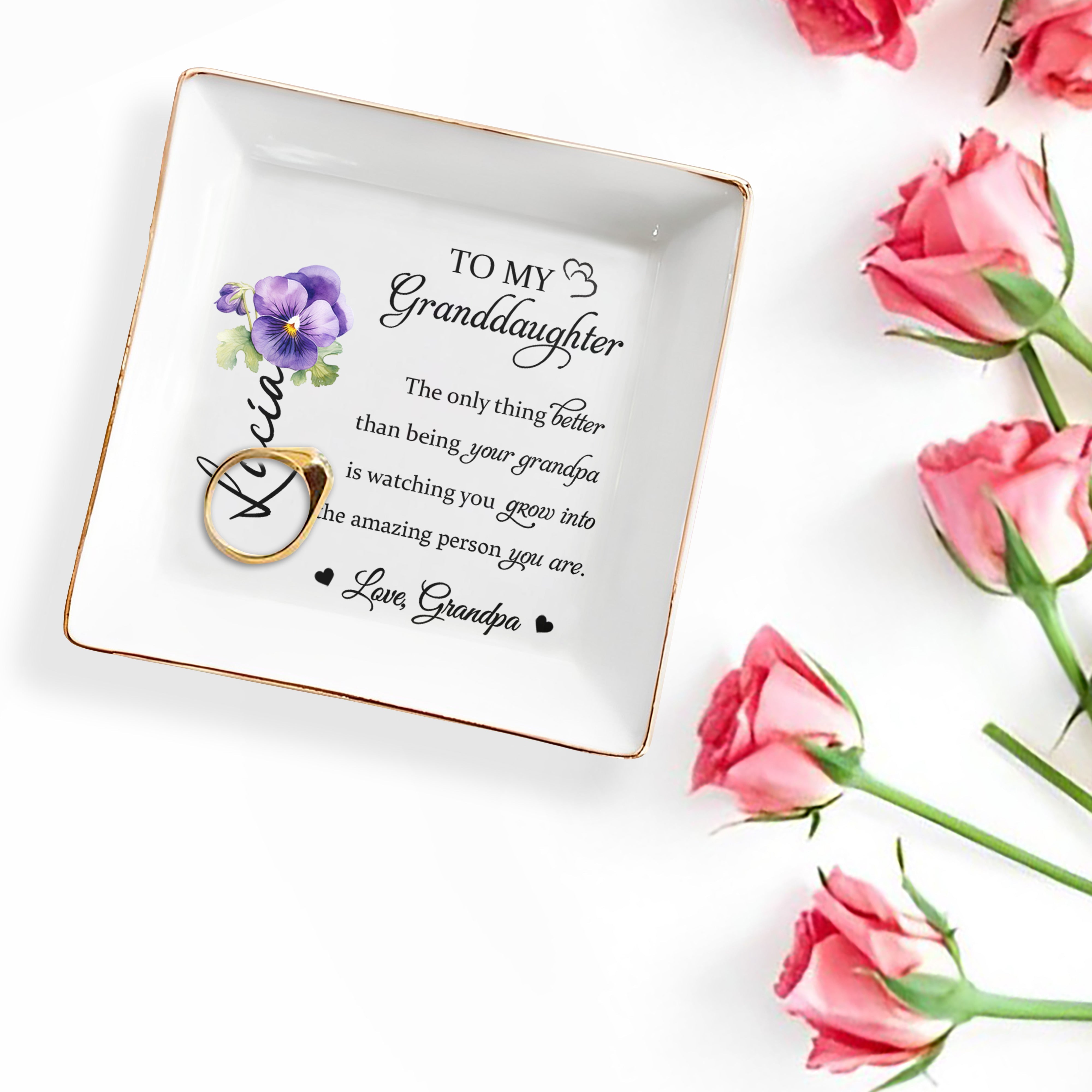 To My Granddaughter Watch You Grow Into Amazing Person Flower Design - Personalized Custom Jewelry Dish, Square Ceramic Dish - GDT218_SCRD