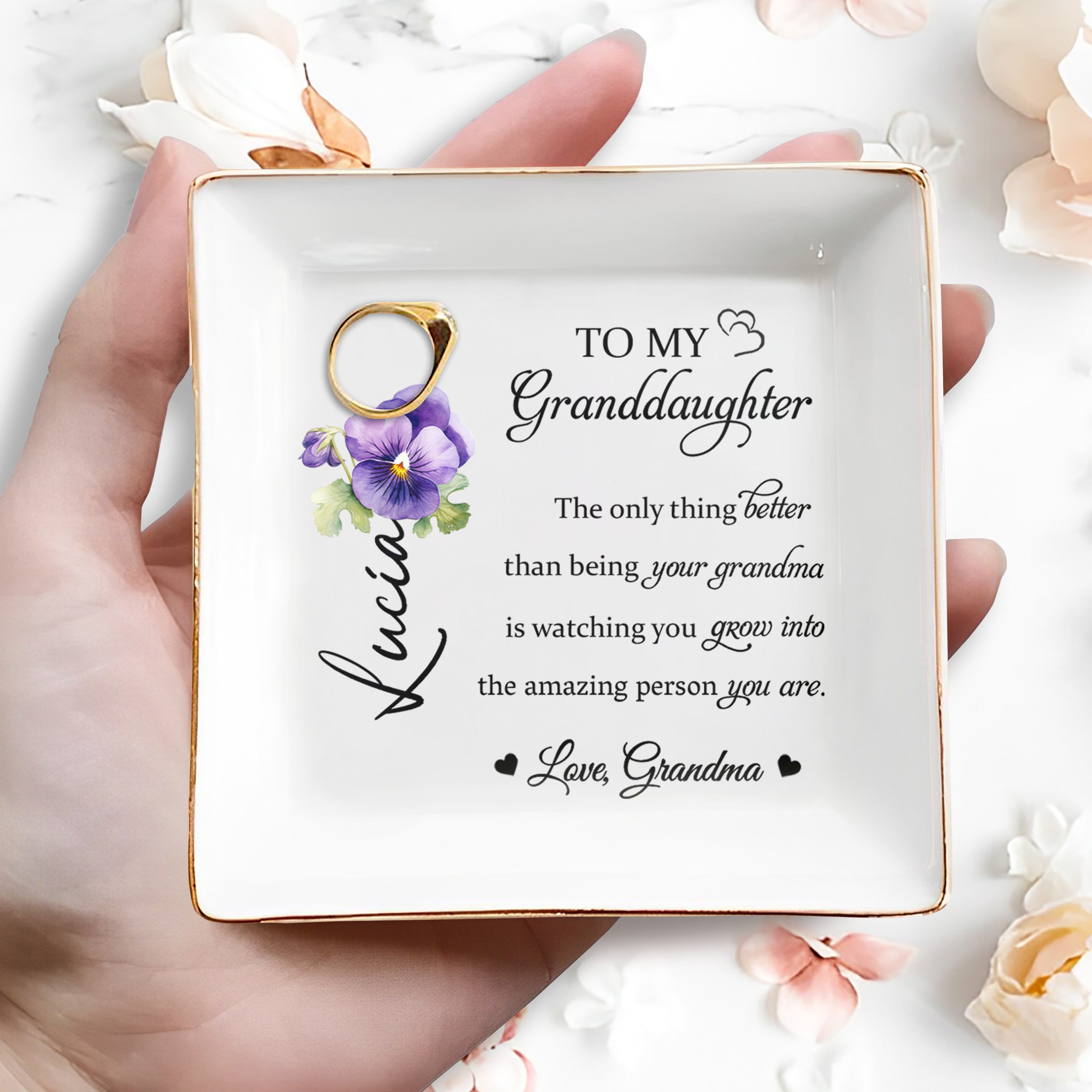 To My Granddaughter Love Grandma Flower Design - Personalized Custom Jewelry Dish, Square Ceramic Dish - GDT219_SCRD