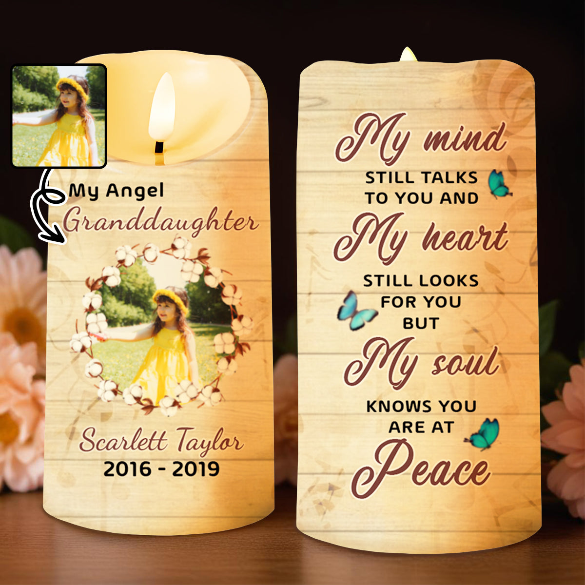 Heartfelt Memorial Candle With Butterflies And Flowers - Personalized Custom LED Candle - GDT220_LECA