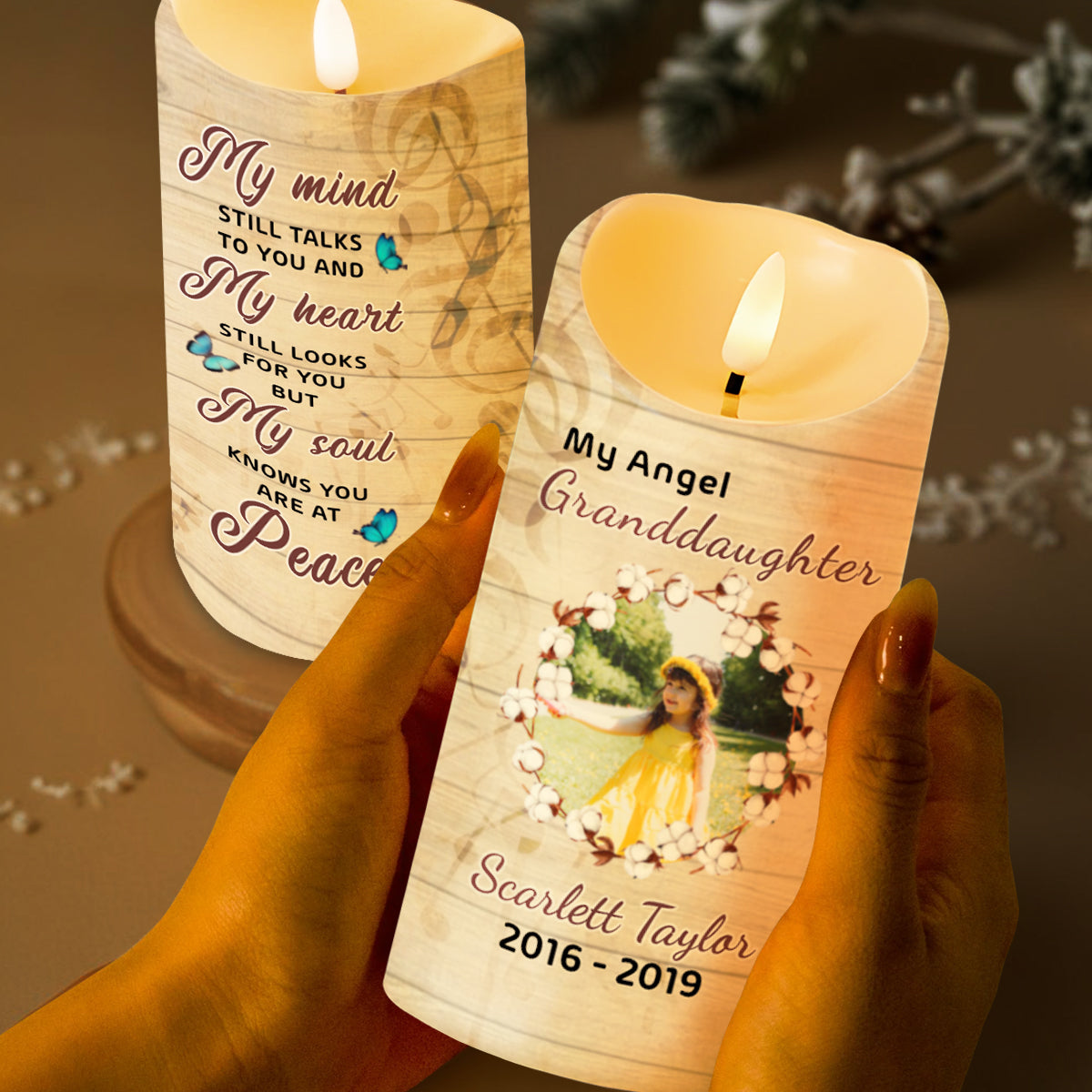 Heartfelt Memorial Candle With Butterflies And Flowers - Personalized Custom LED Candle - GDT220_LECA