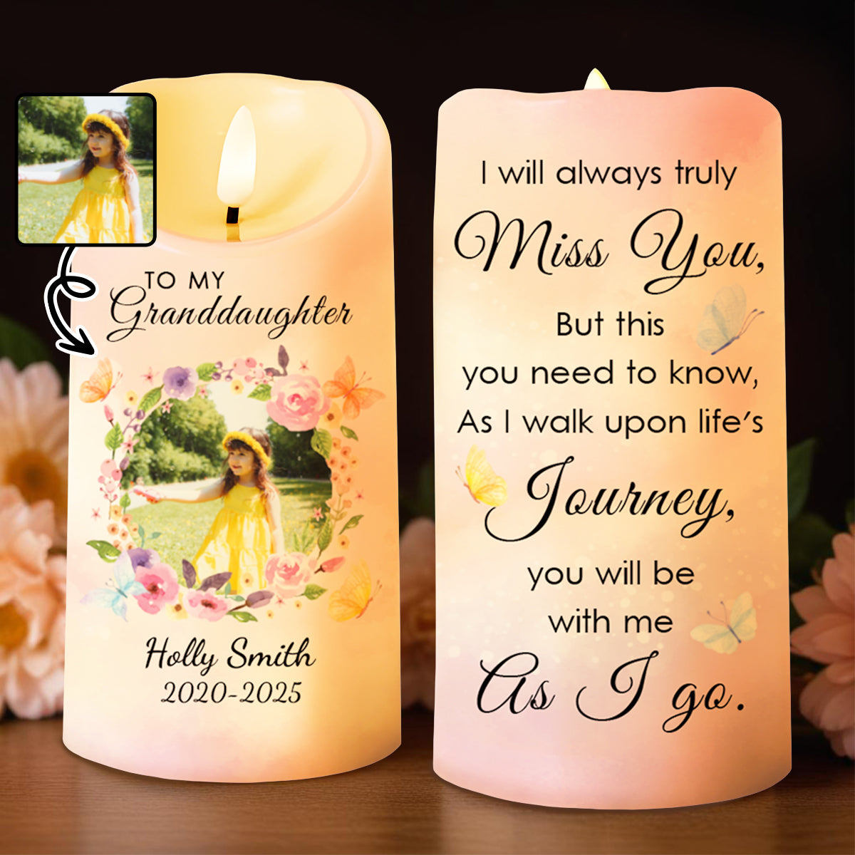 Miss You As I Walk Life's Journey With Flowers And Butterflies - Personalized Custom LED Candle - GDT221_LECA
