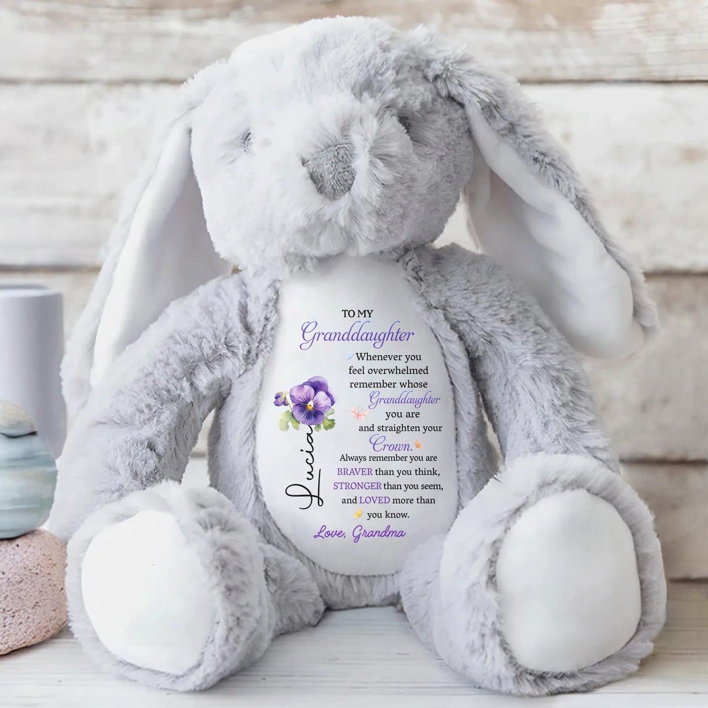 To My Granddaughter, Whenever you feel overwhelmed remember whose Granddaughter you are, Stuffed Bunny and Flowers - Personalized Stuffed Bunny - GDT223_BUN