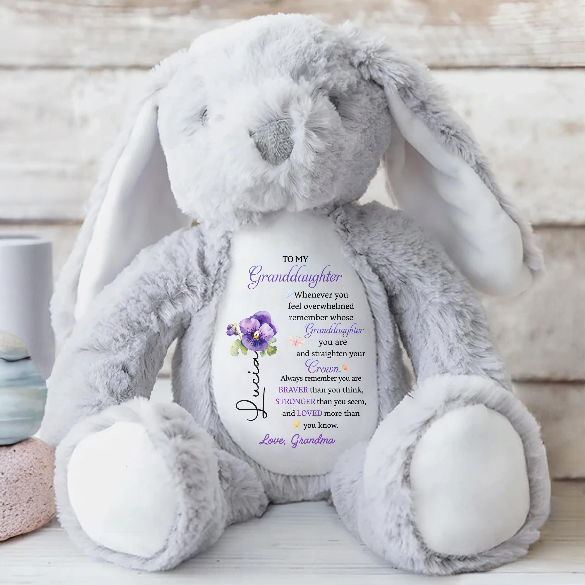 To My Granddaughter, Whenever you feel overwhelmed remember whose Granddaughter you are, Stuffed Bunny and Flowers - Personalized Stuffed Bunny - GDT223_BUN