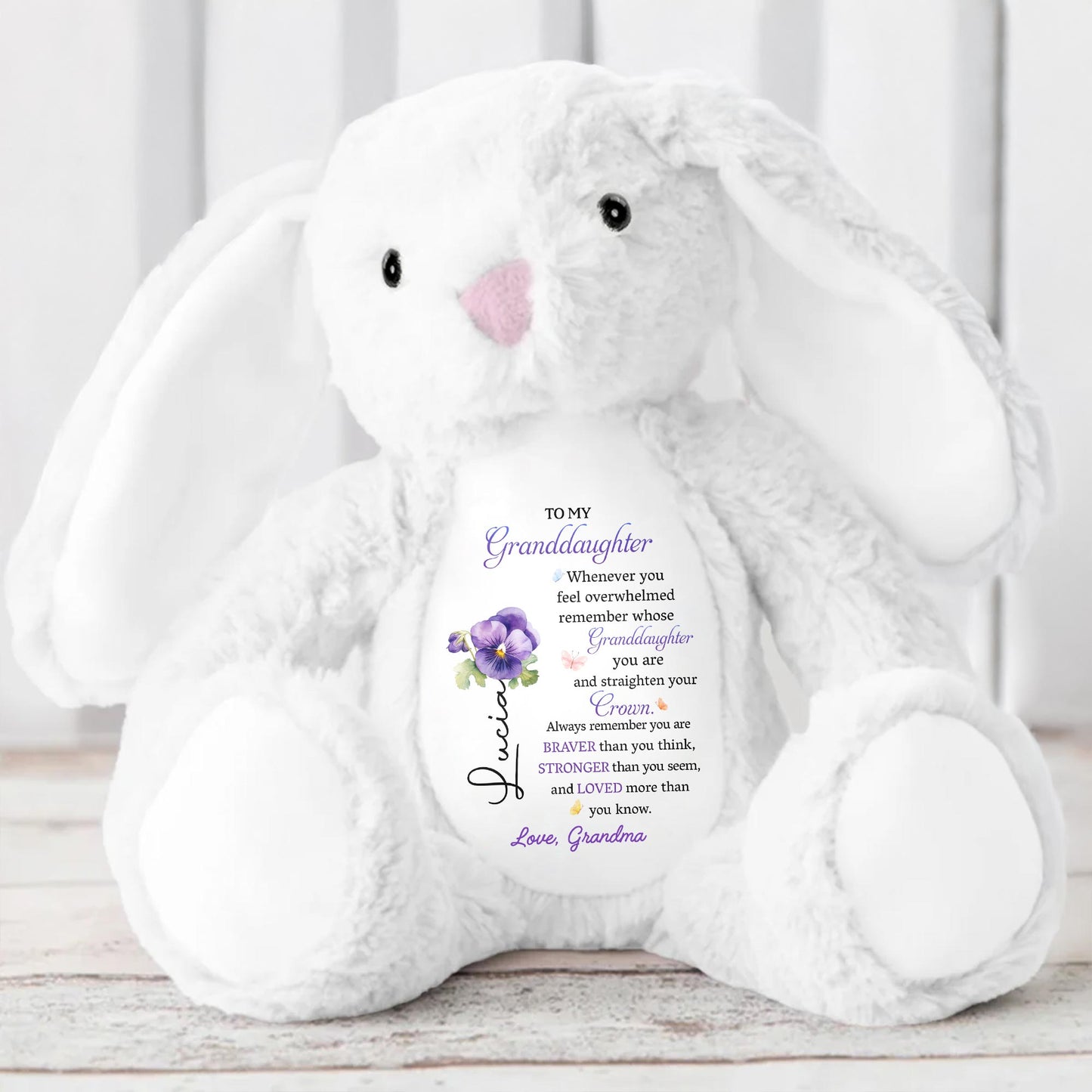 To My Granddaughter, Whenever you feel overwhelmed remember whose Granddaughter you are, Stuffed Bunny and Flowers - Personalized Stuffed Bunny - GDT223_BUN