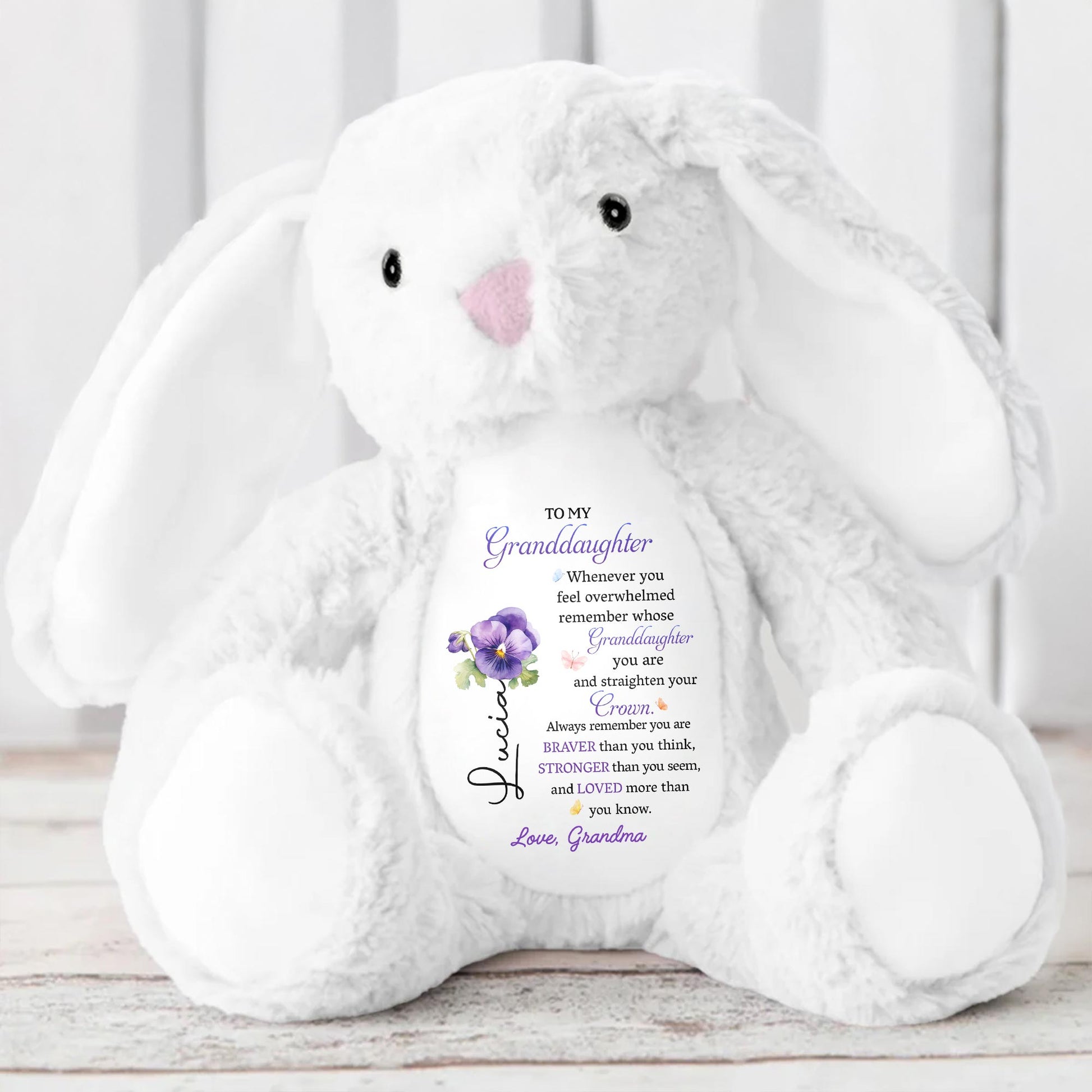 To My Granddaughter, Whenever you feel overwhelmed remember whose Granddaughter you are, Stuffed Bunny and Flowers - Personalized Stuffed Bunny - GDT223_BUN