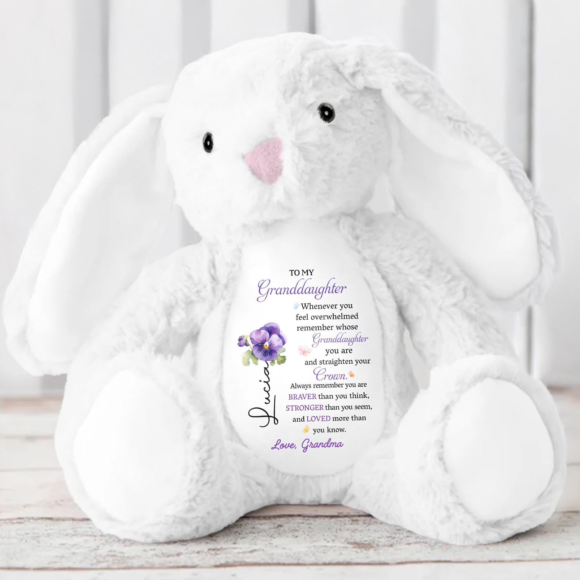 To My Granddaughter, Whenever you feel overwhelmed remember whose Granddaughter you are, Stuffed Bunny and Flowers - Personalized Stuffed Bunny - GDT223_BUN