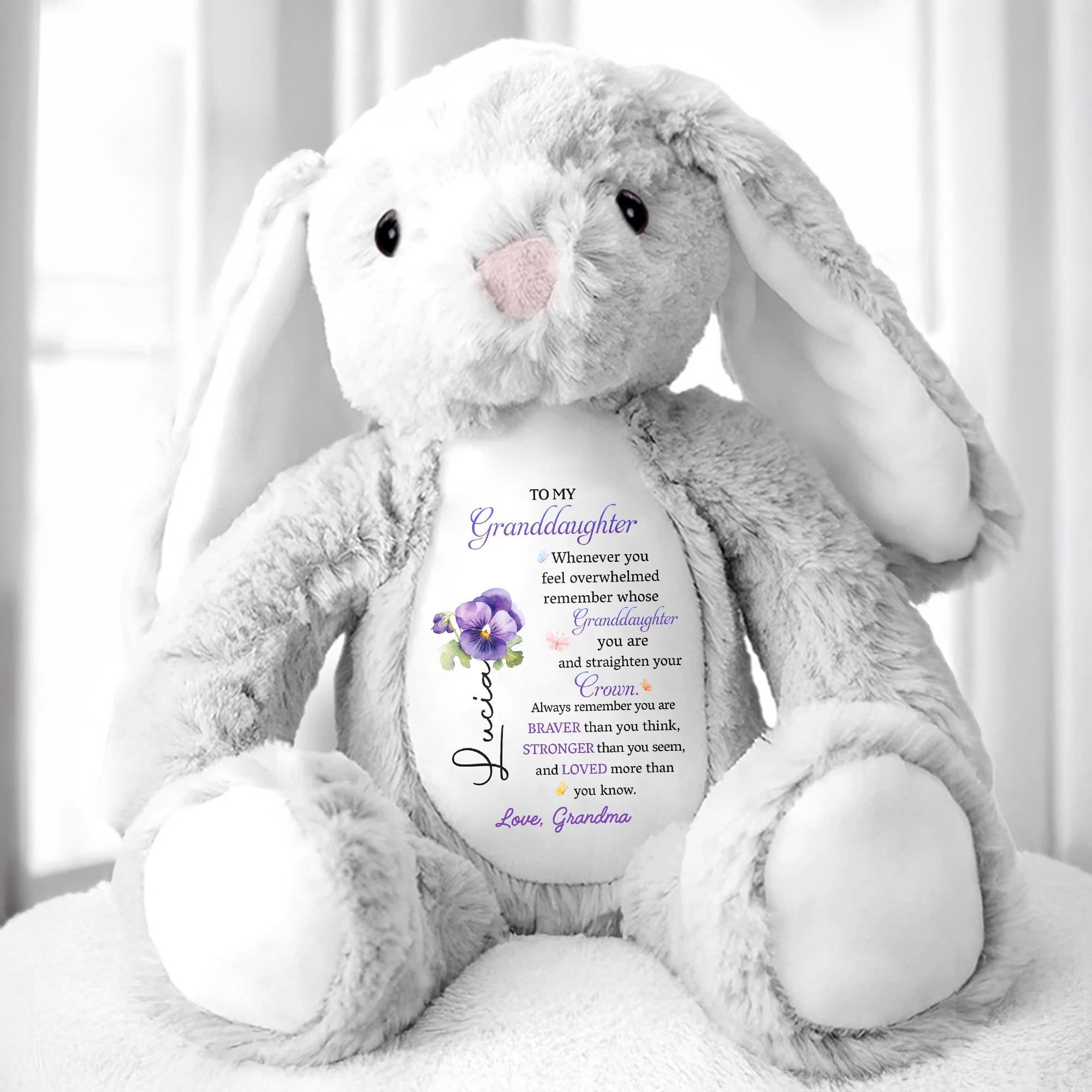 To My Granddaughter, Whenever you feel overwhelmed remember whose Granddaughter you are, Stuffed Bunny and Flowers - Personalized Stuffed Bunny - GDT223_BUN