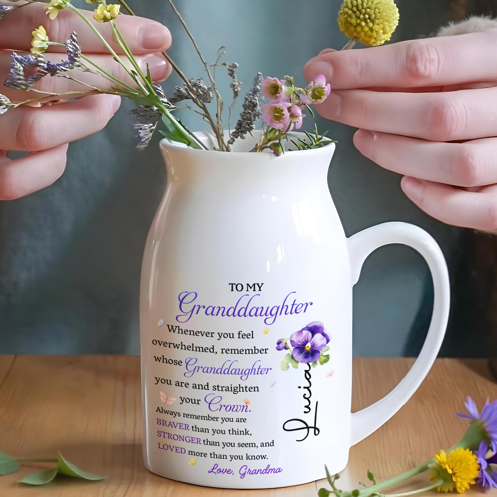 To My Granddaughter, Whenever You Feel Overwhelmed Remember Whose Granddaughter You Are, Crown and Flower - Personalized Ceramic Flower Vase