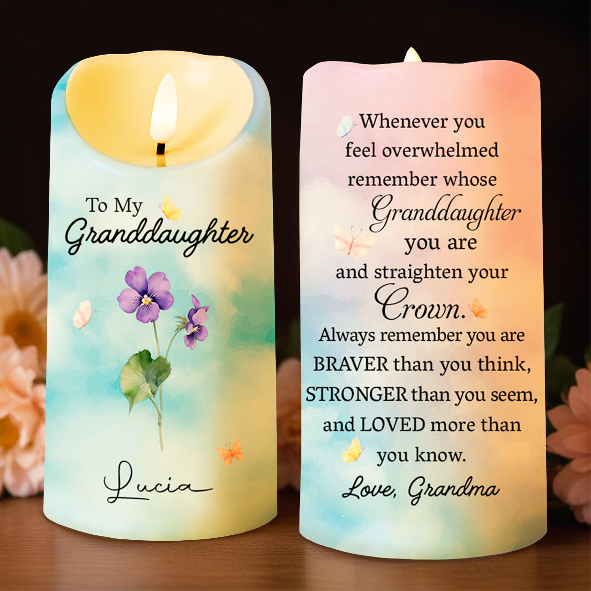 To My Granddaughter Crown And Flowers Quote - Personalized Custom LED Candle - GDT223_LECA
