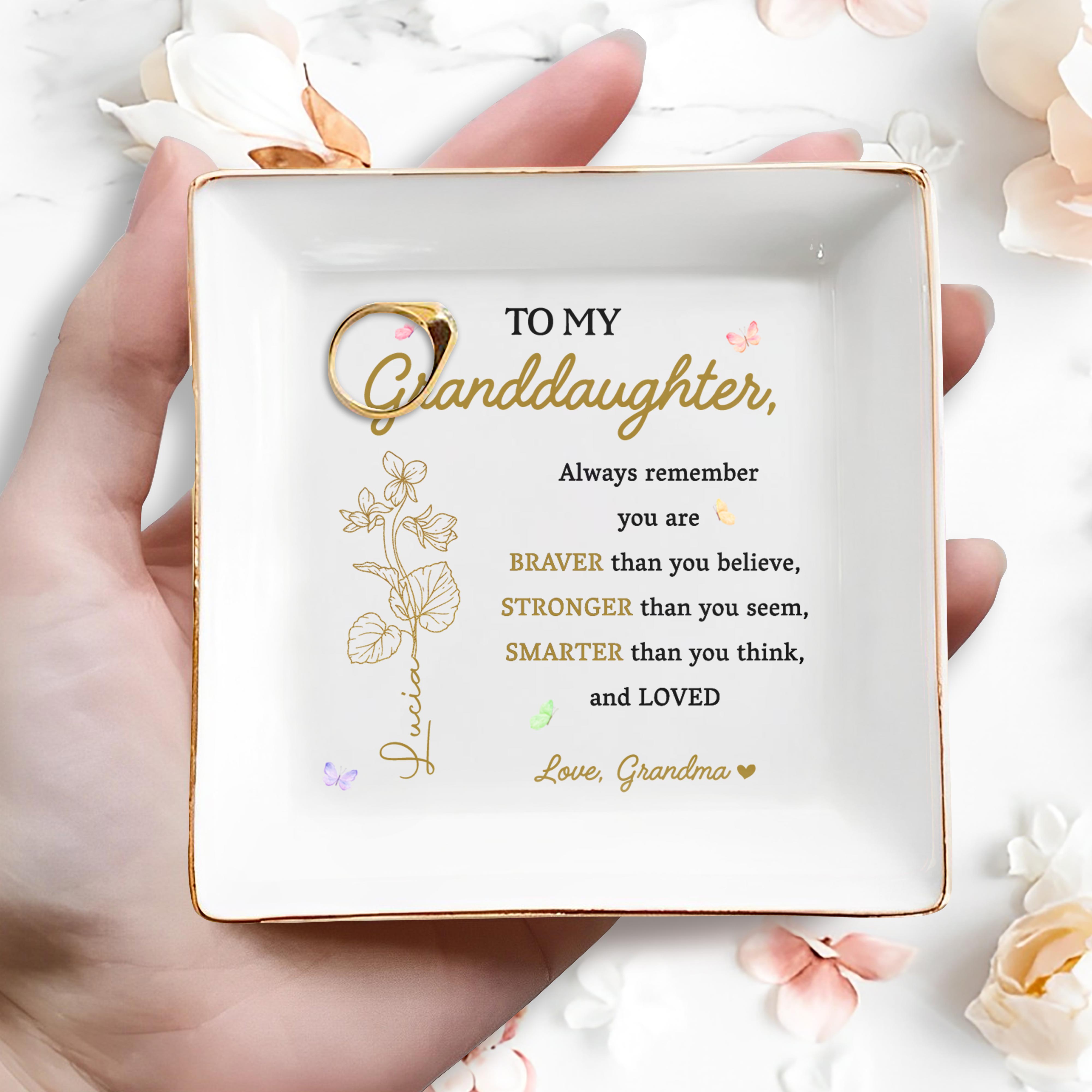 Braver Than You Believe, Stronger Than You Seem Inspirational Quote - Personalized Custom Jewelry Dish, Square Ceramic Dish - GDT225_SCRD