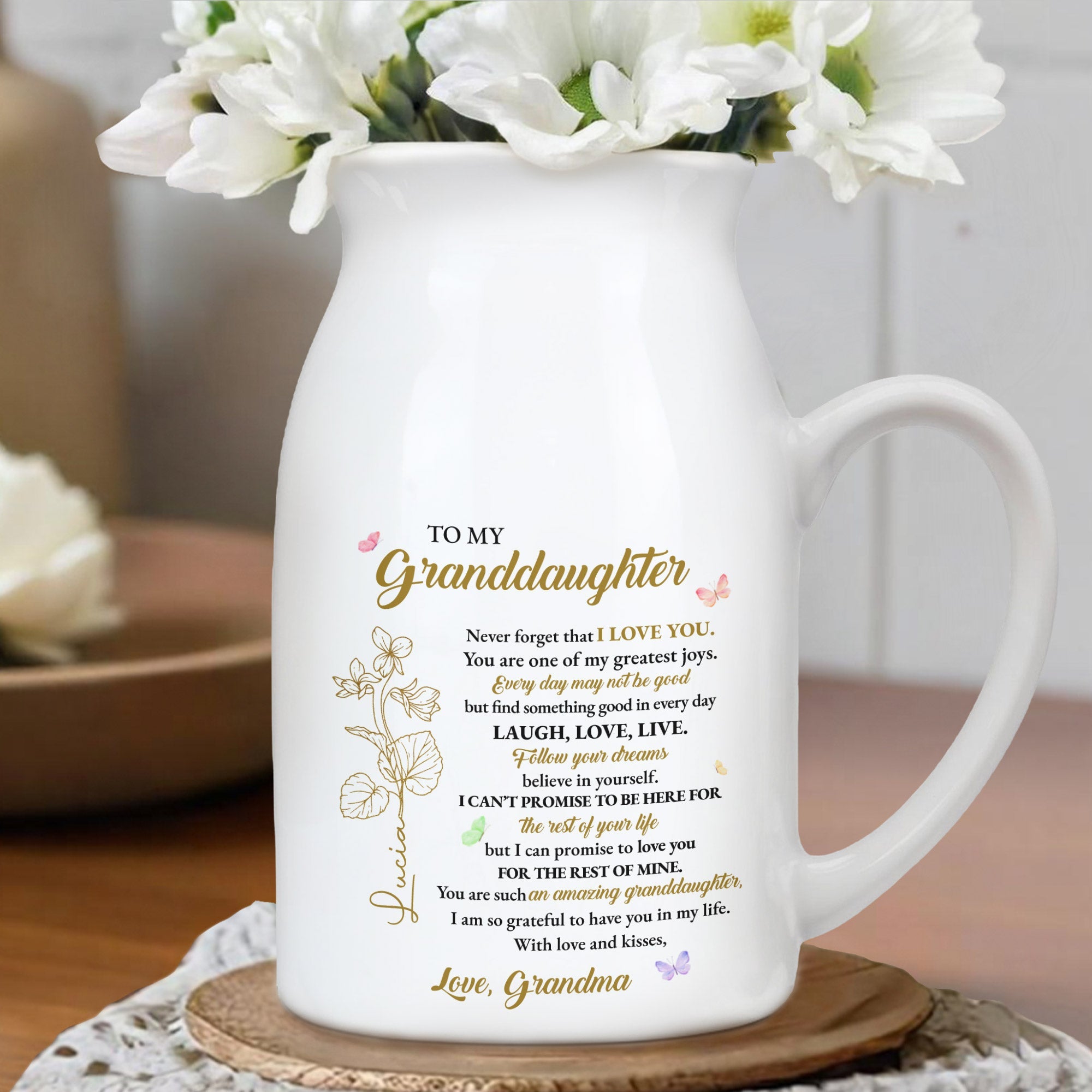 Love And Joy To My Granddaughter Forever, Flowers And Hearts - Personalized Ceramic Flower Vase