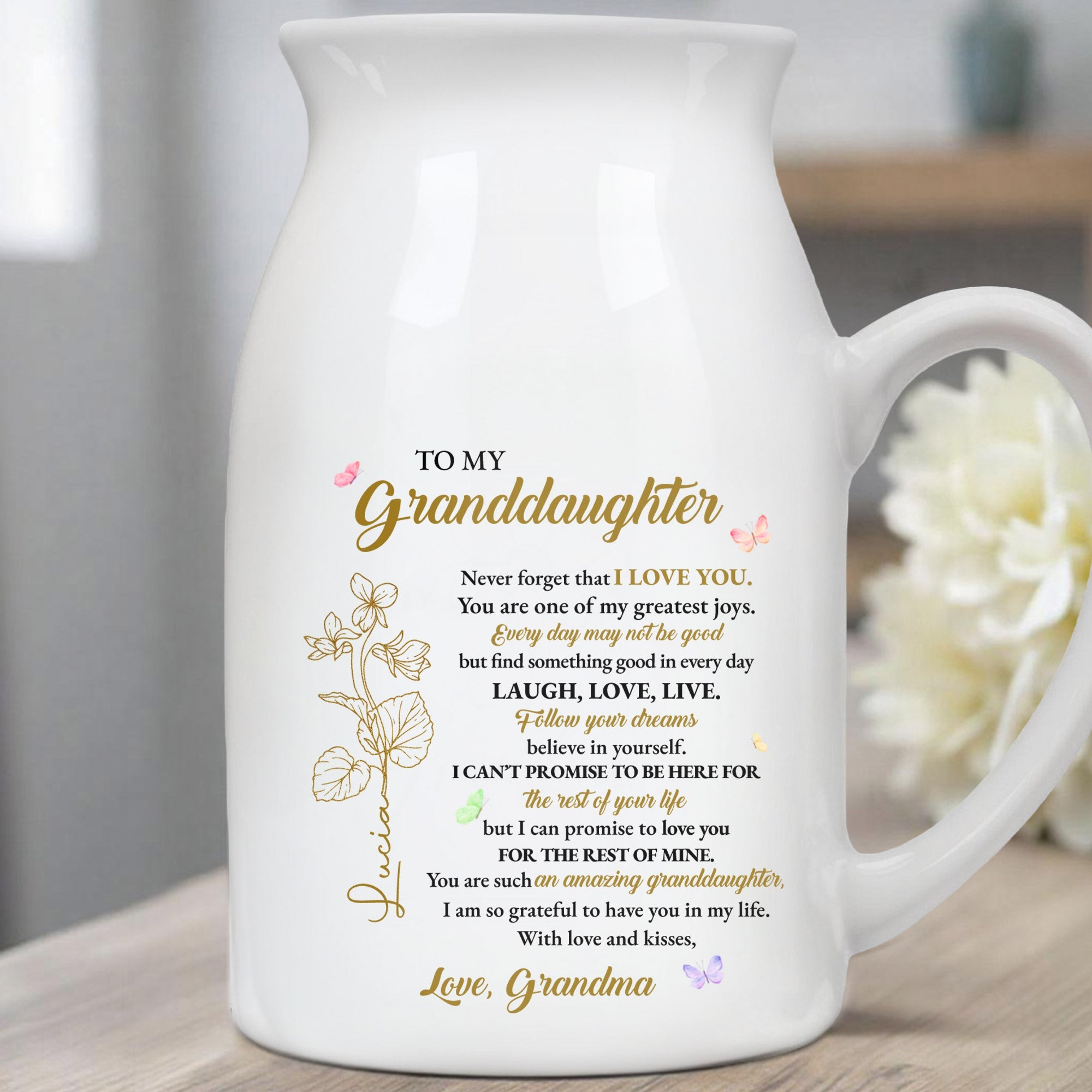 Love And Joy To My Granddaughter Forever, Flowers And Hearts - Personalized Ceramic Flower Vase