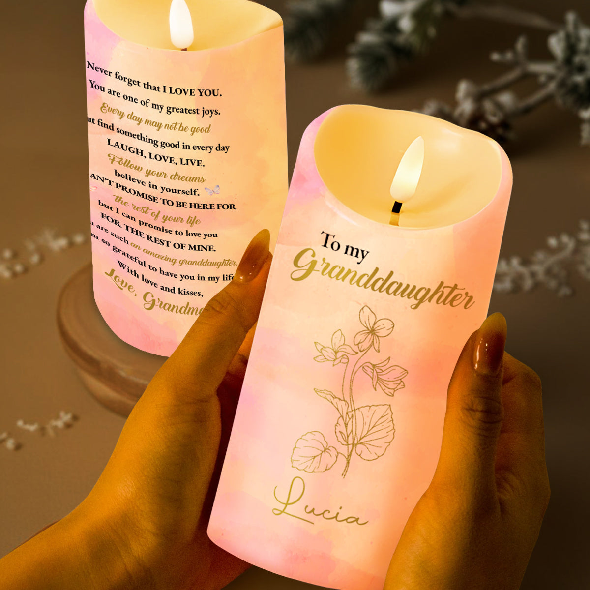 Love And Promise Message To Granddaughter With Lovely Flowers - Personalized Custom LED Candle - GDT231_LECA