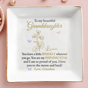 Beautiful Granddaughter Love To The Moon And Back - Personalized Custom Jewelry Dish, Square Ceramic Dish - GDT232_SCRD