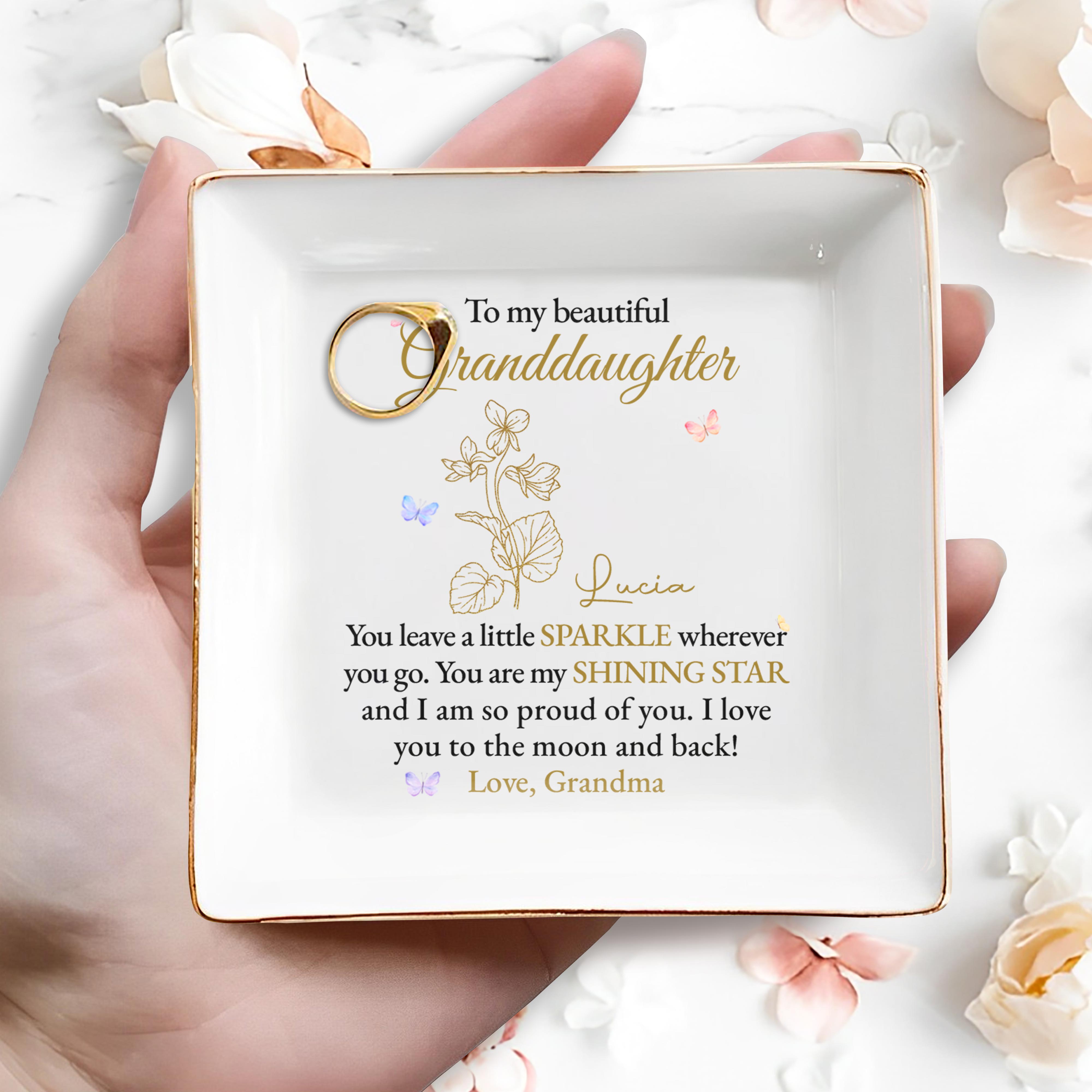 Beautiful Granddaughter Love To The Moon And Back - Personalized Custom Jewelry Dish, Square Ceramic Dish - GDT232_SCRD