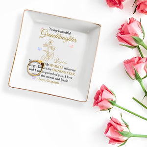 Beautiful Granddaughter Love To The Moon And Back - Personalized Custom Jewelry Dish, Square Ceramic Dish - GDT232_SCRD