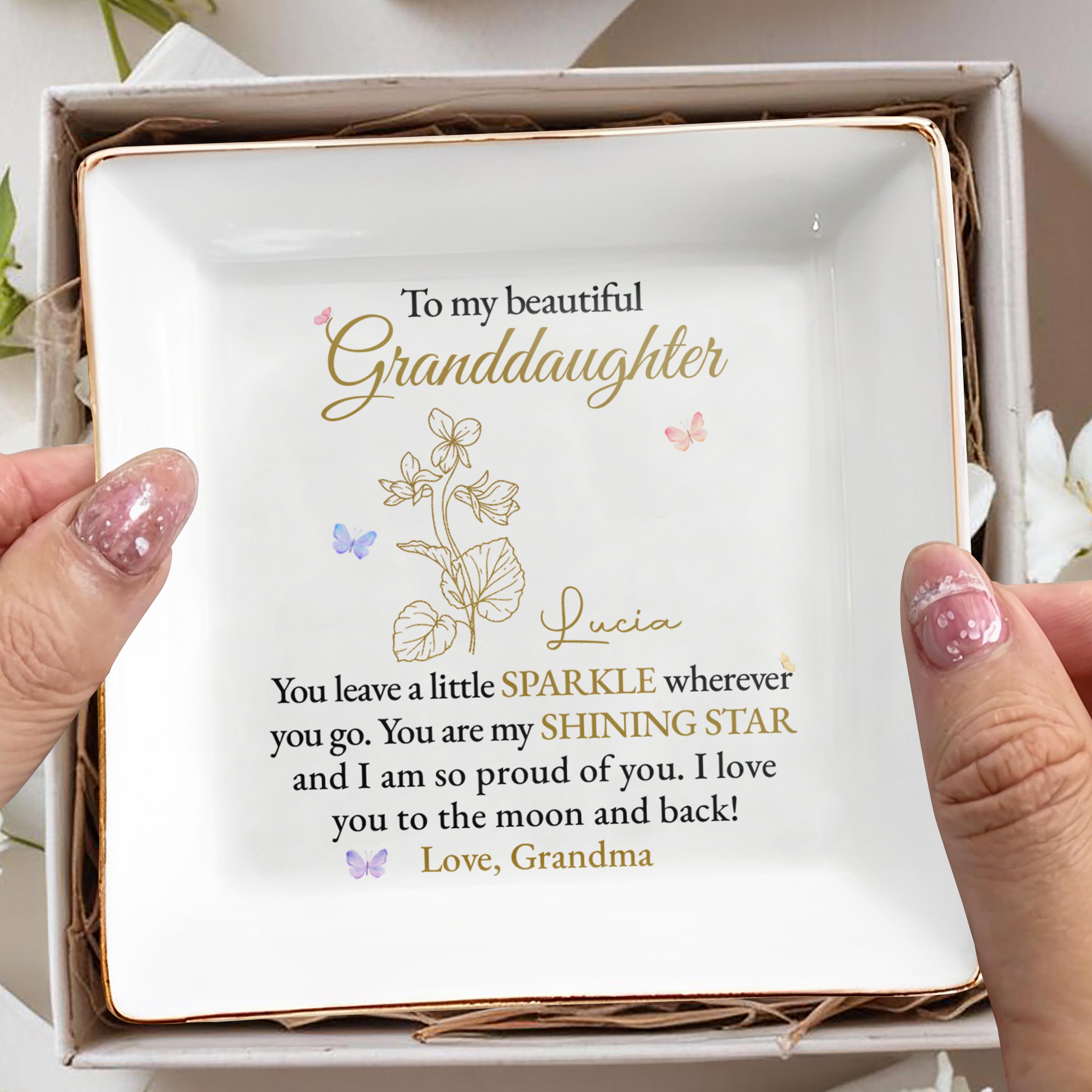 Beautiful Granddaughter Love To The Moon And Back - Personalized Custom Jewelry Dish, Square Ceramic Dish - GDT232_SCRD