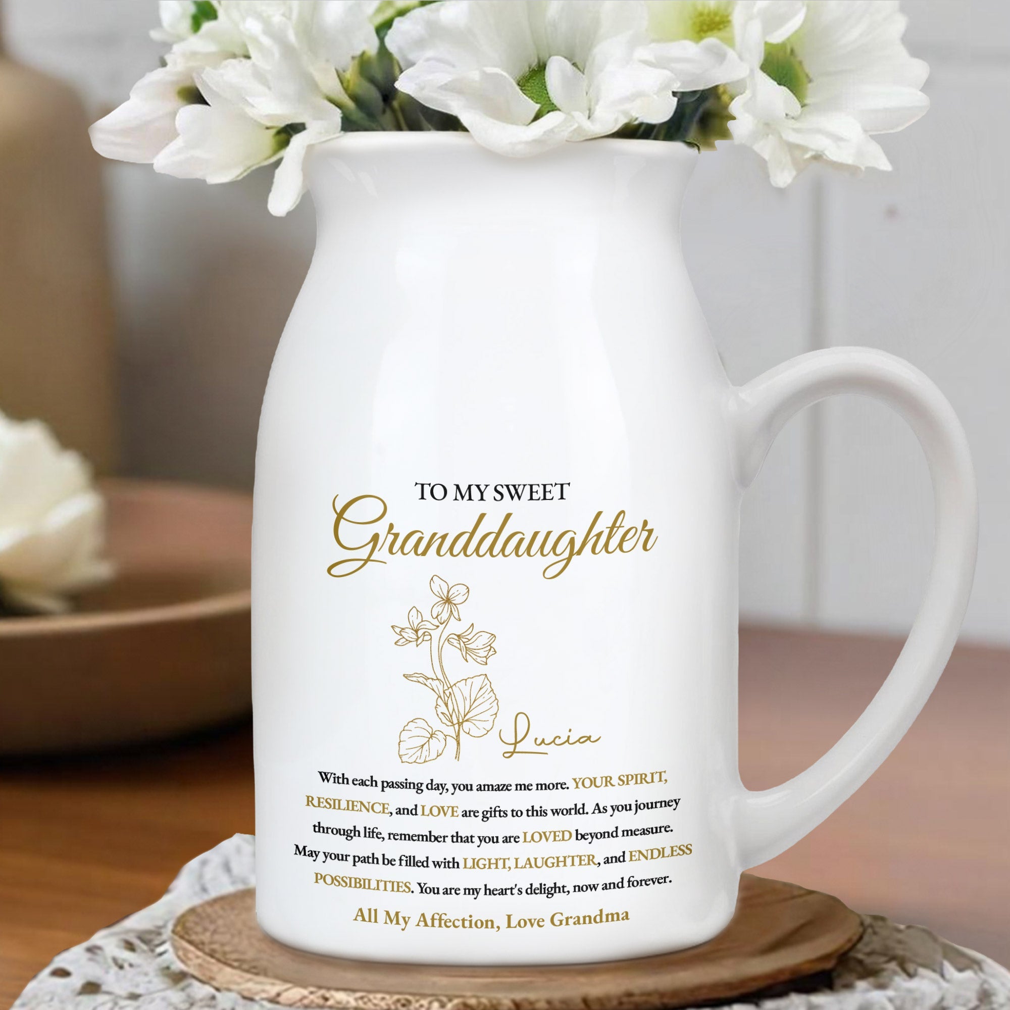 To My Sweet Granddaughter Love And Light Floral Design - Personalized Ceramic Flower Vase