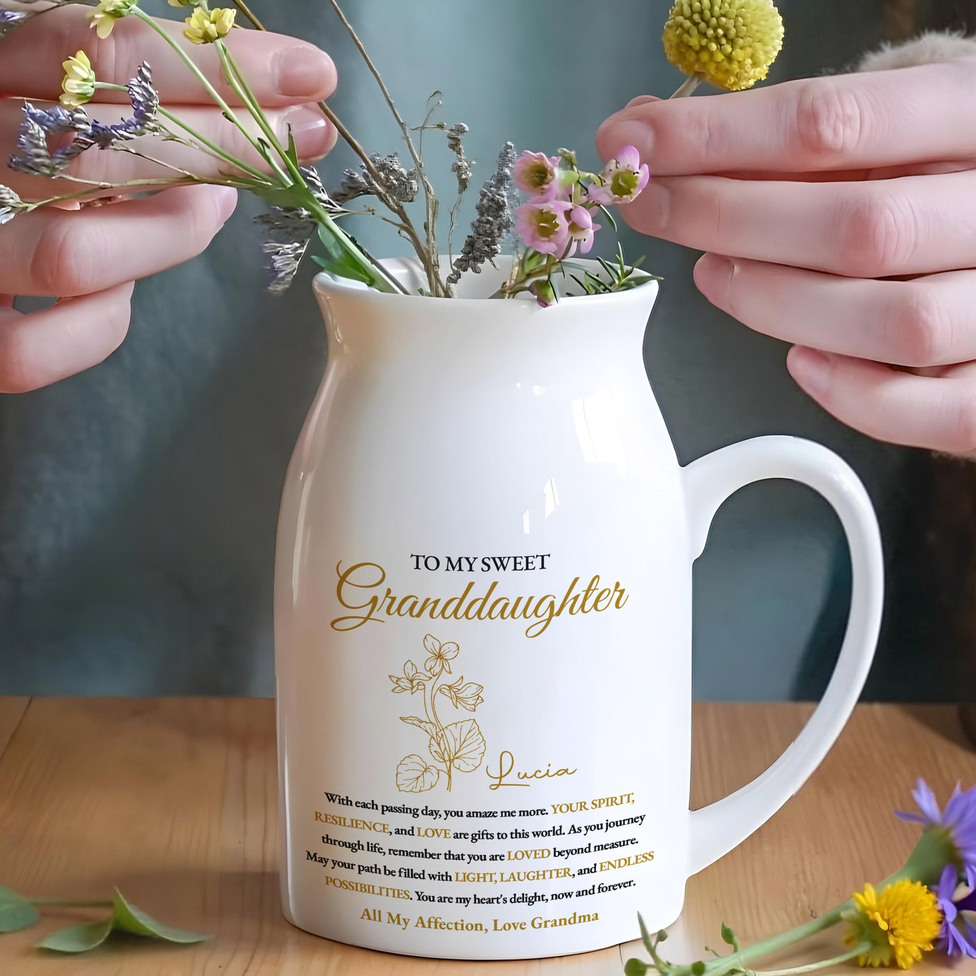 To My Sweet Granddaughter Love And Light Floral Design - Personalized Ceramic Flower Vase