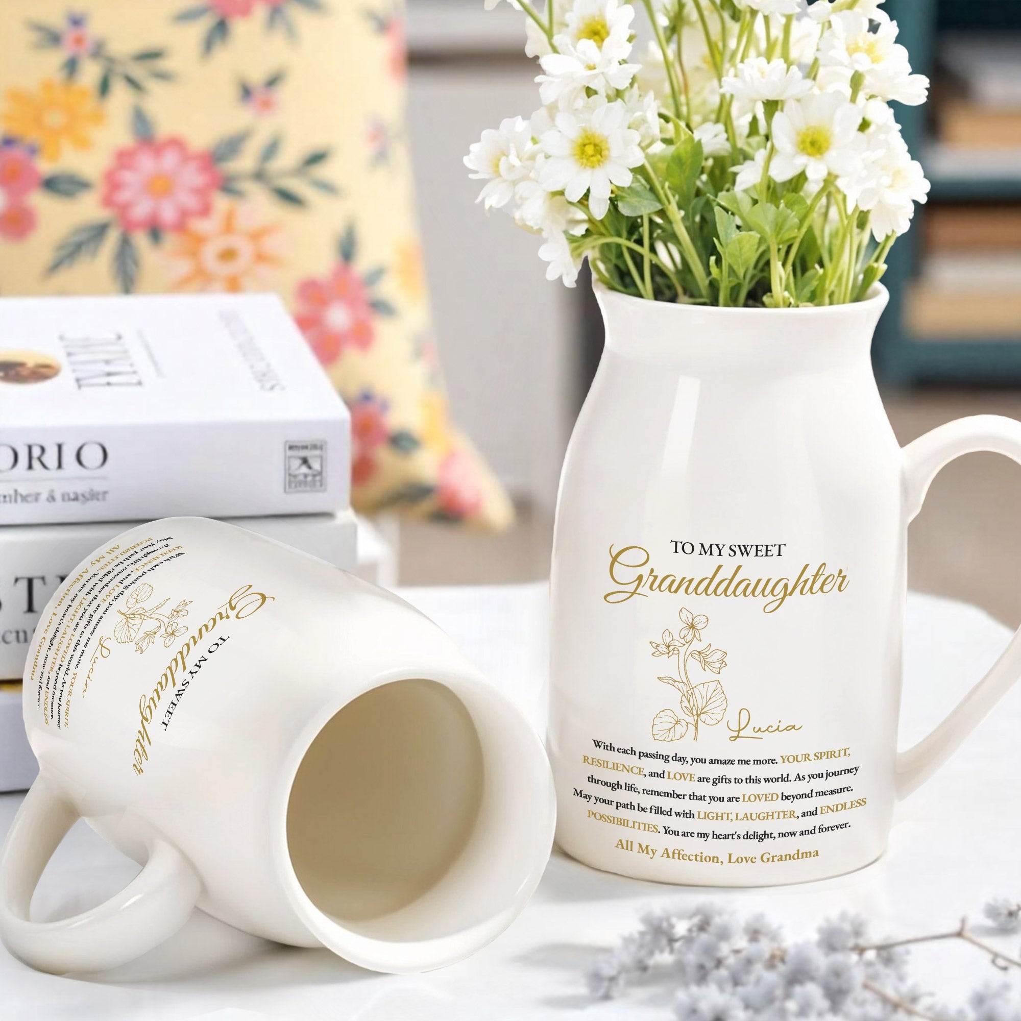 To My Sweet Granddaughter Love And Light Floral Design - Personalized Ceramic Flower Vase