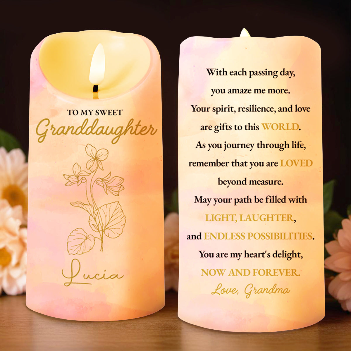 To My Sweet Granddaughter, Love And Possibilities With Flowers - Personalized Custom LED Candle - GDT233_LECA