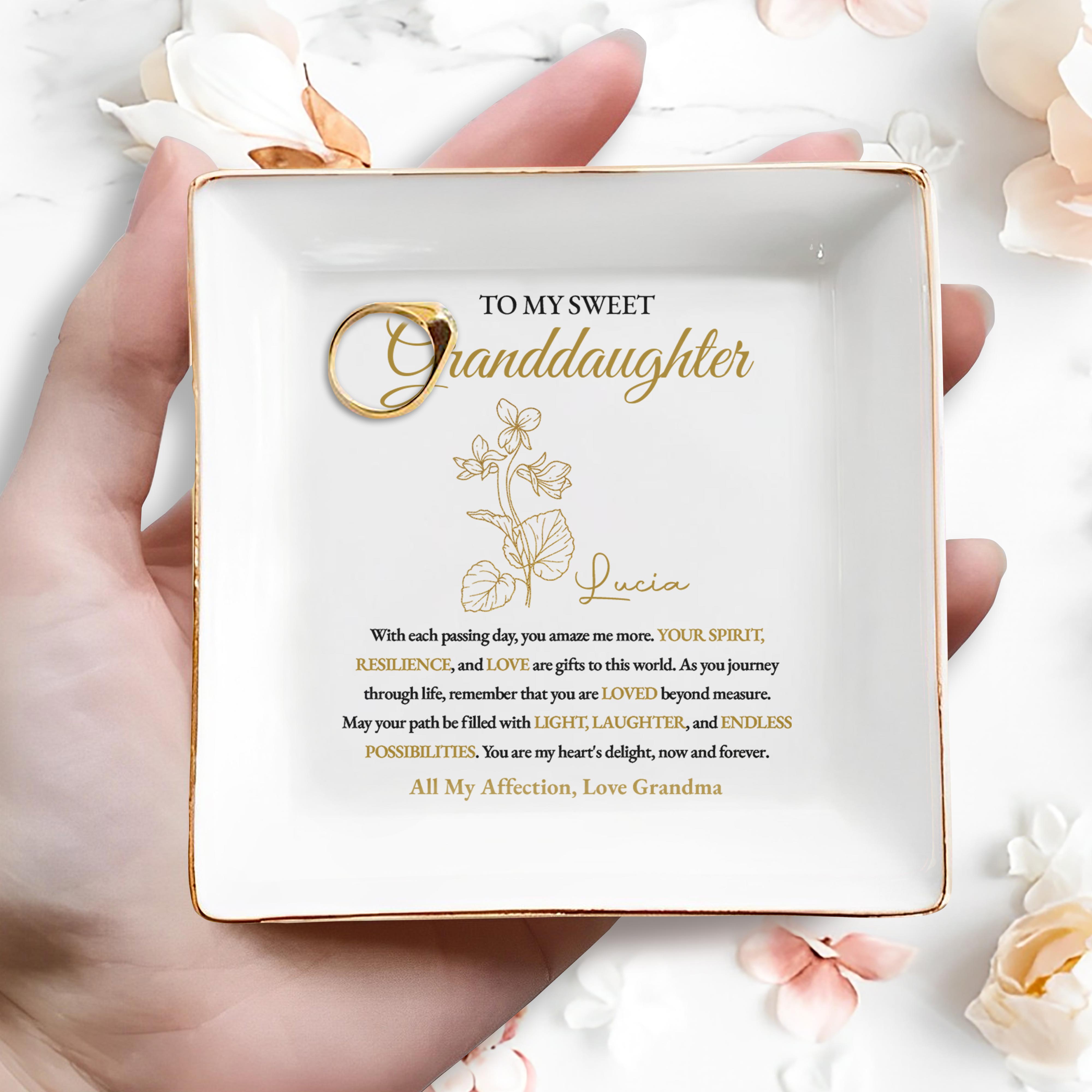 Sweet Granddaughter Love and Light Personalized Ceramic Dish - Personalized Custom Jewelry Dish, Square Ceramic Dish - GDT233_SCRD