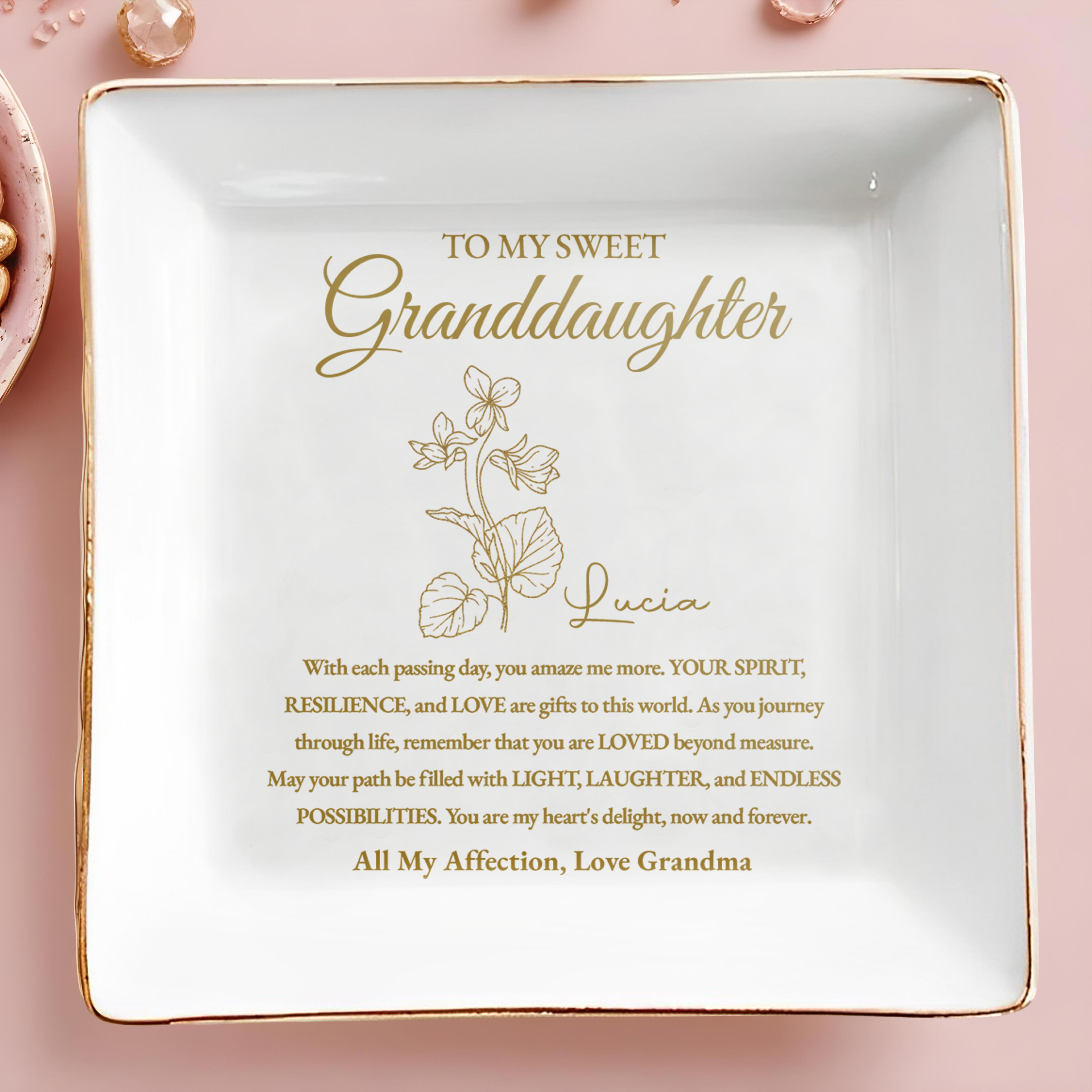 Sweet Granddaughter Love And Affection With Flowers - Personalized Custom Jewelry Dish, Square Ceramic Dish - GDT239_SCRD