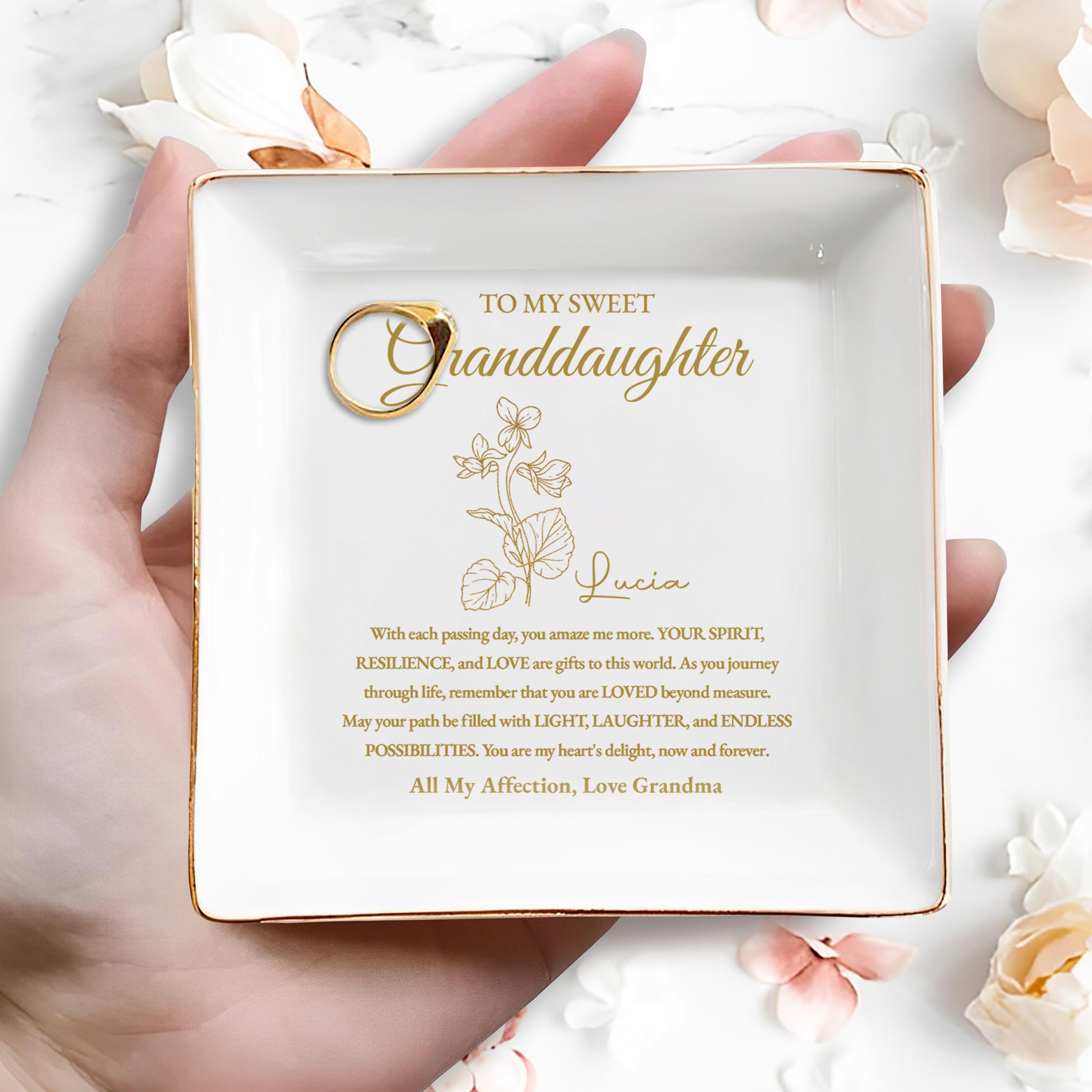 Sweet Granddaughter Love And Affection With Flowers - Personalized Custom Jewelry Dish, Square Ceramic Dish - GDT239_SCRD