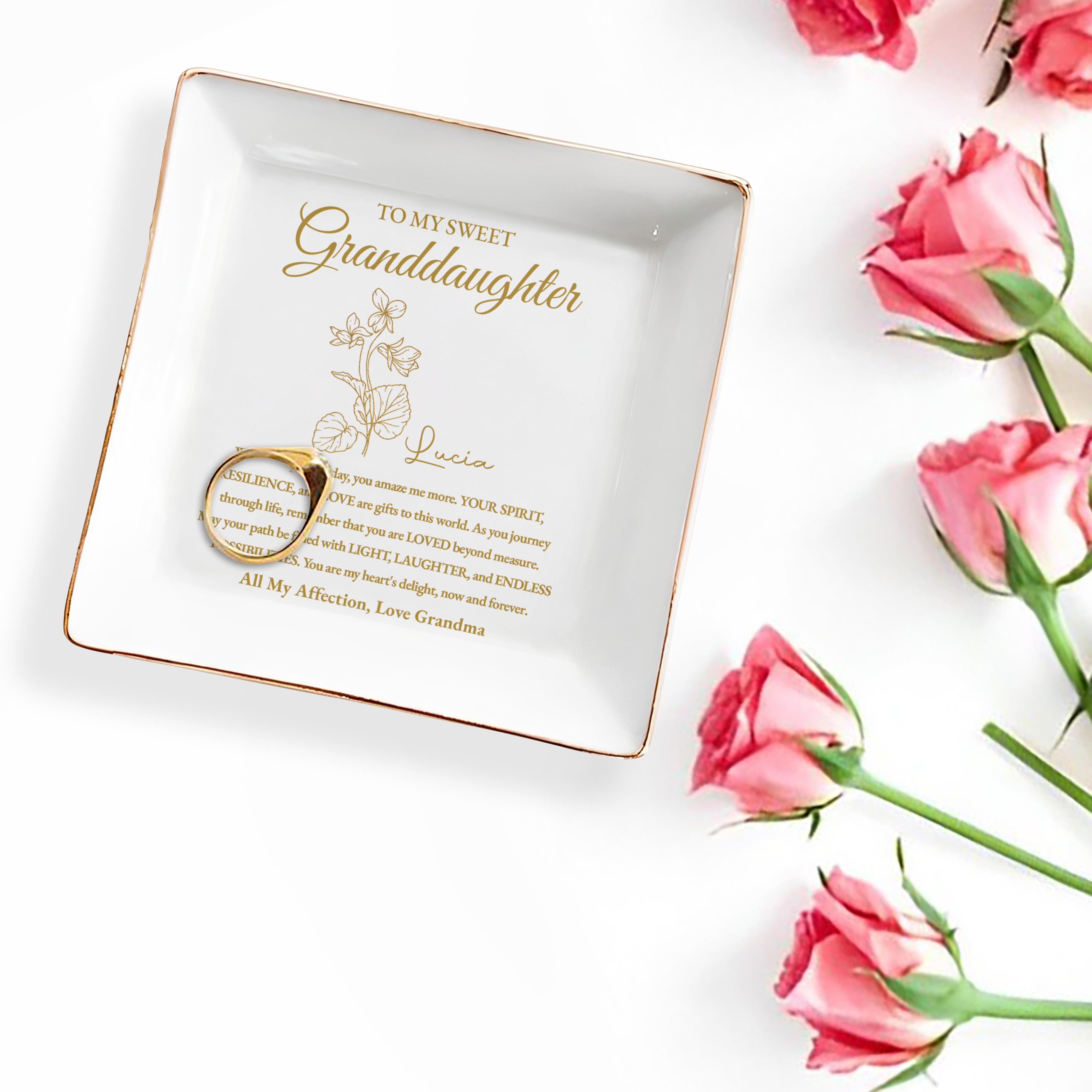 Sweet Granddaughter Love And Affection With Flowers - Personalized Custom Jewelry Dish, Square Ceramic Dish - GDT239_SCRD