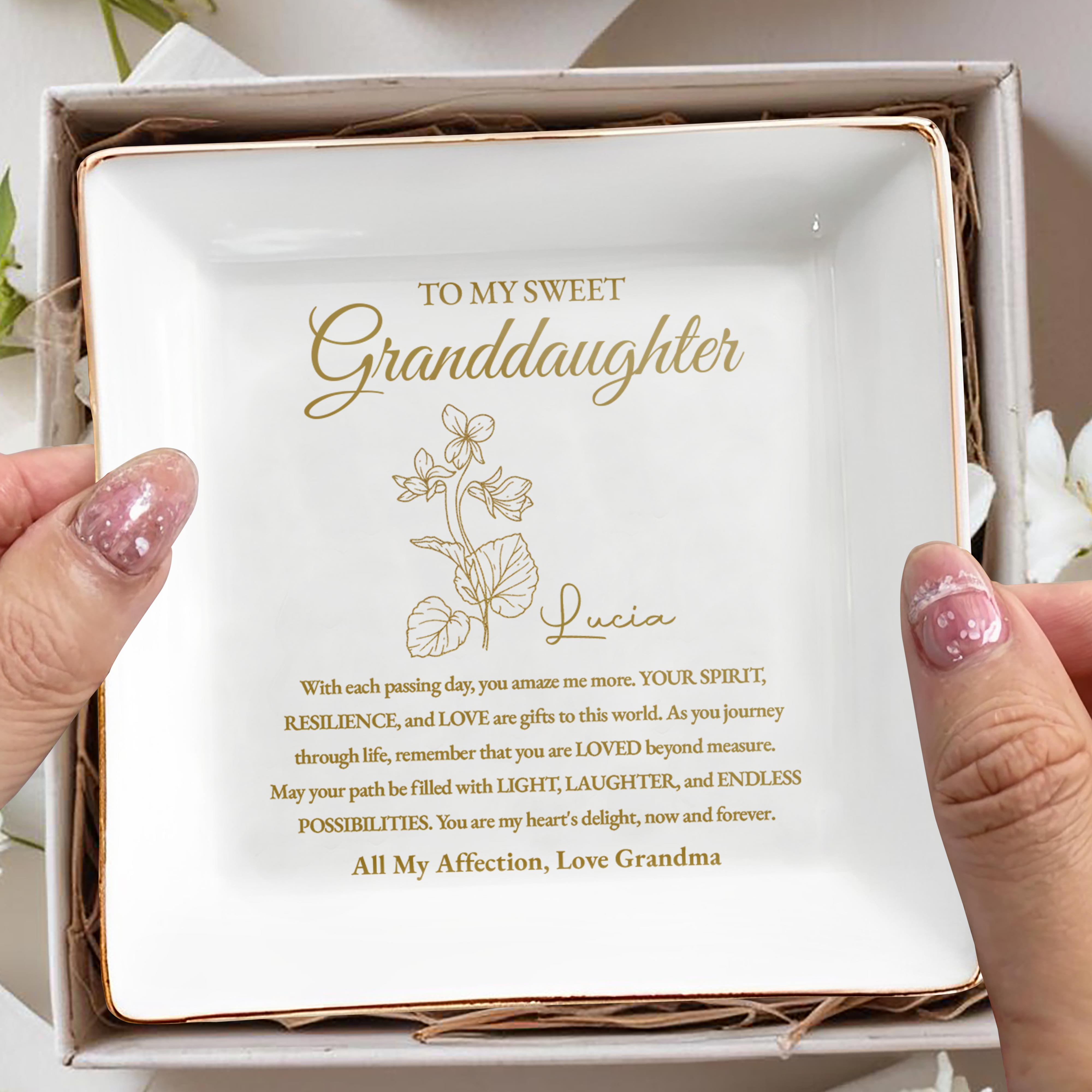 Sweet Granddaughter Love And Affection With Flowers - Personalized Custom Jewelry Dish, Square Ceramic Dish - GDT239_SCRD
