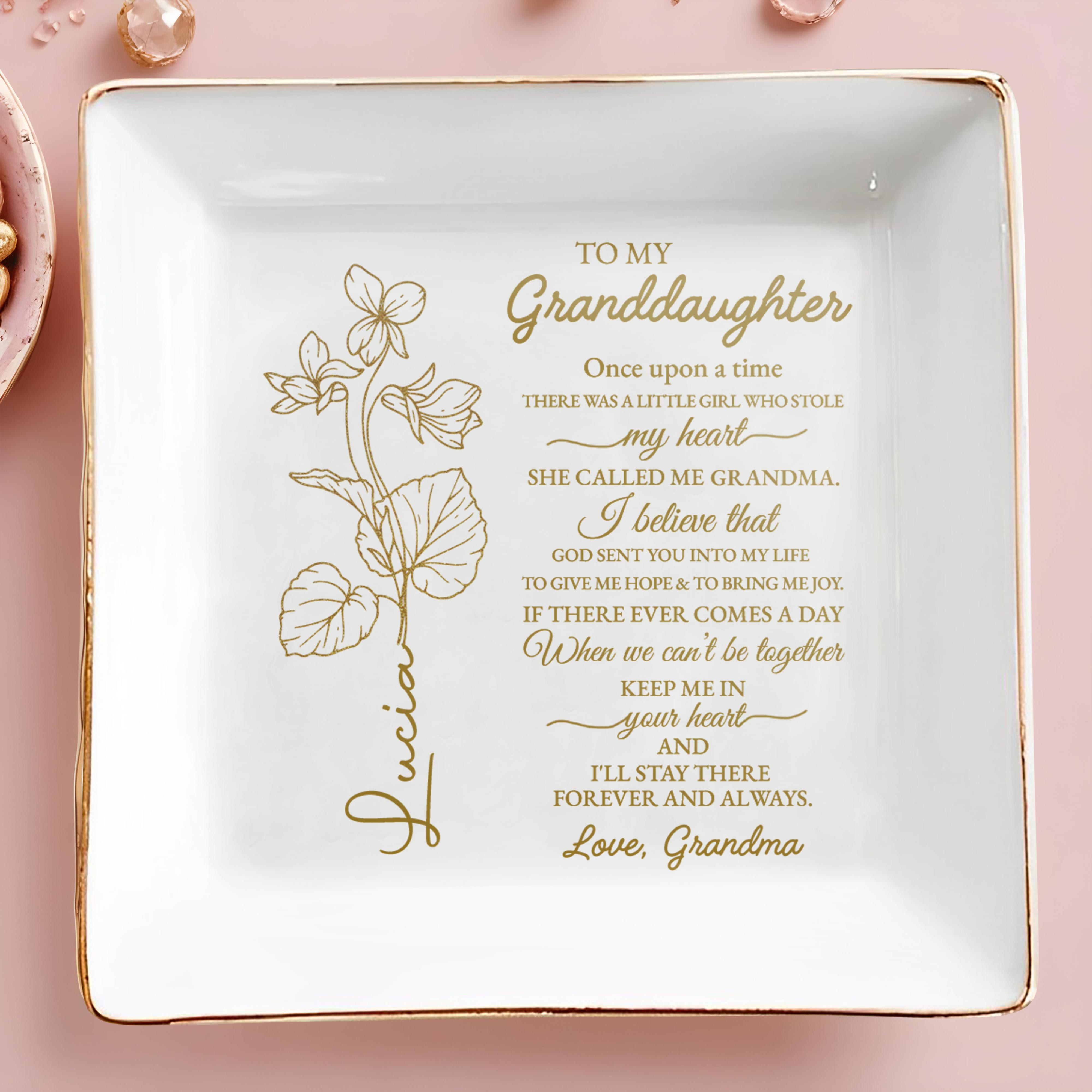 To My Granddaughter, Love And Flowers - Personalized Custom Jewelry Dish, Square Ceramic Dish - GDT240_SCRD