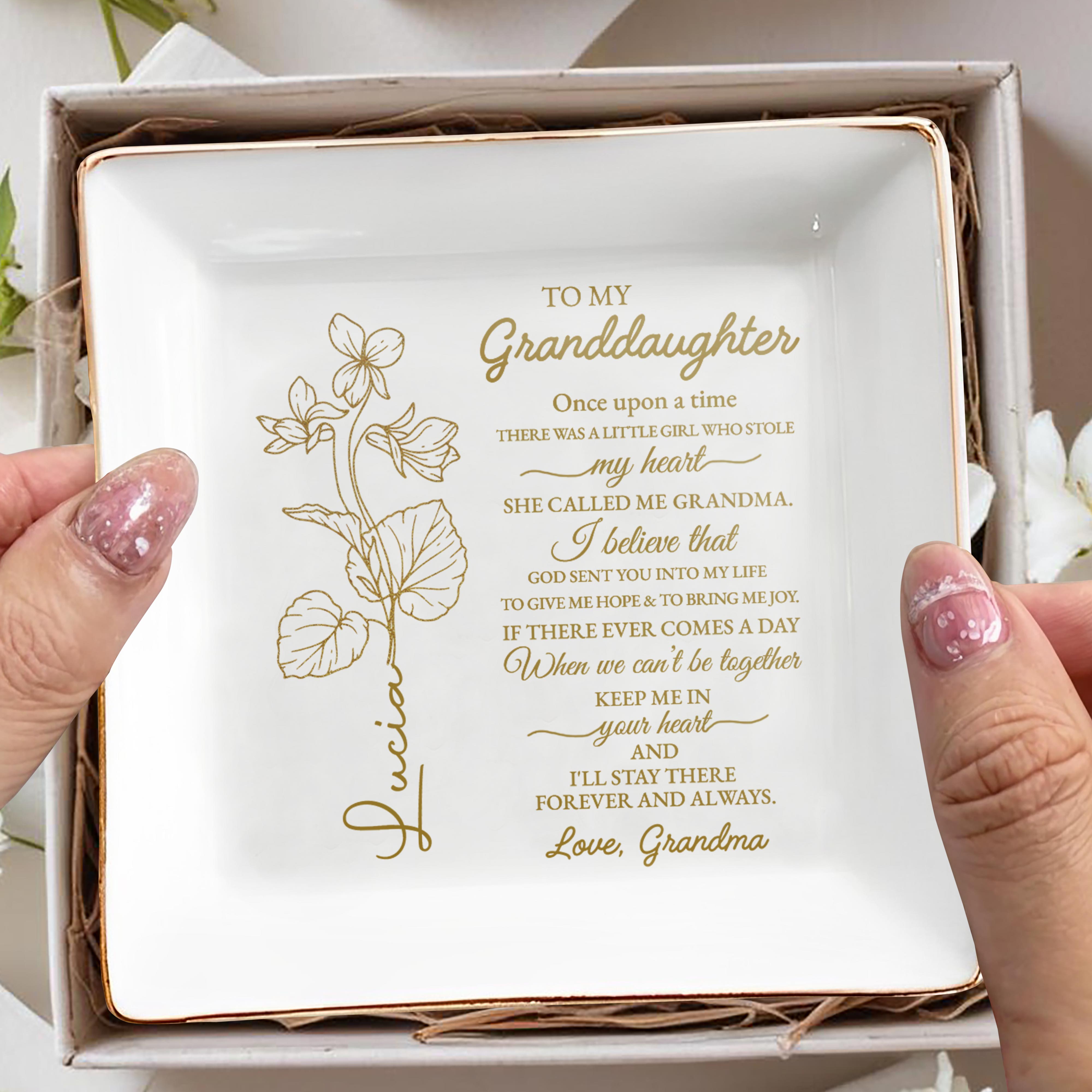To My Granddaughter, Love And Flowers - Personalized Custom Jewelry Dish, Square Ceramic Dish - GDT240_SCRD