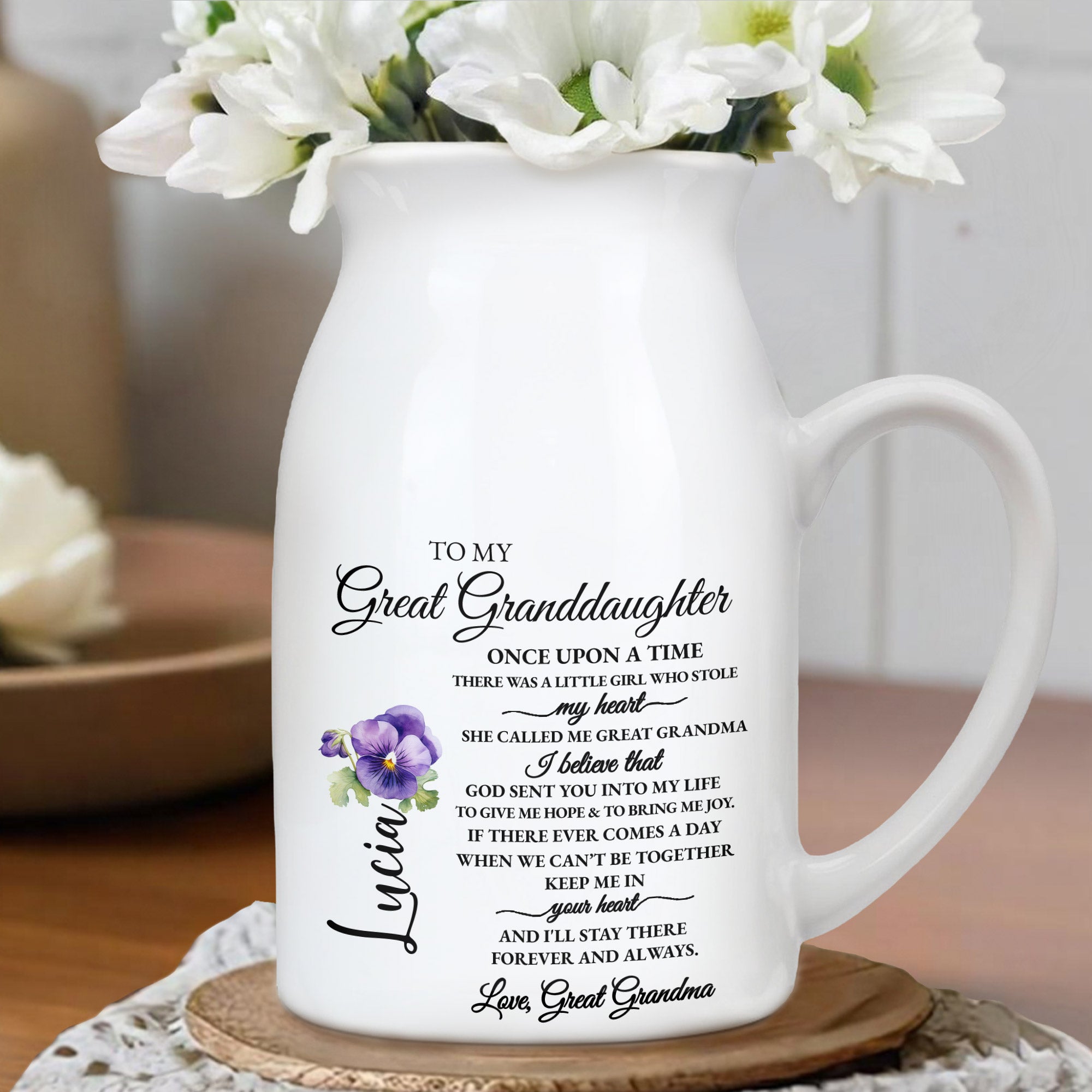 To My Great Granddaughter, Once Upon A Time, Violet Flower - Personalized Ceramic Flower Vase