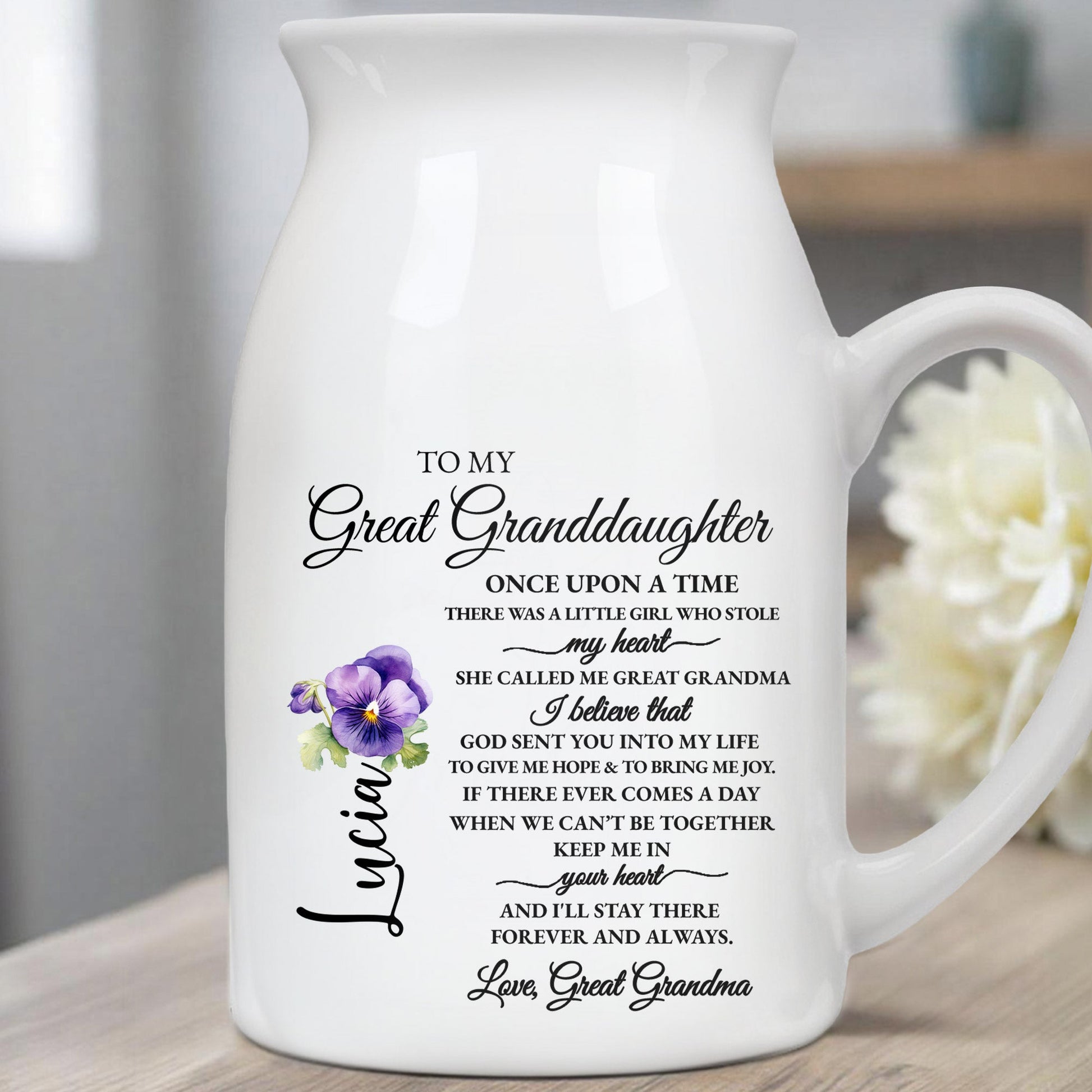 To My Great Granddaughter, Once Upon A Time, Violet Flower - Personalized Ceramic Flower Vase