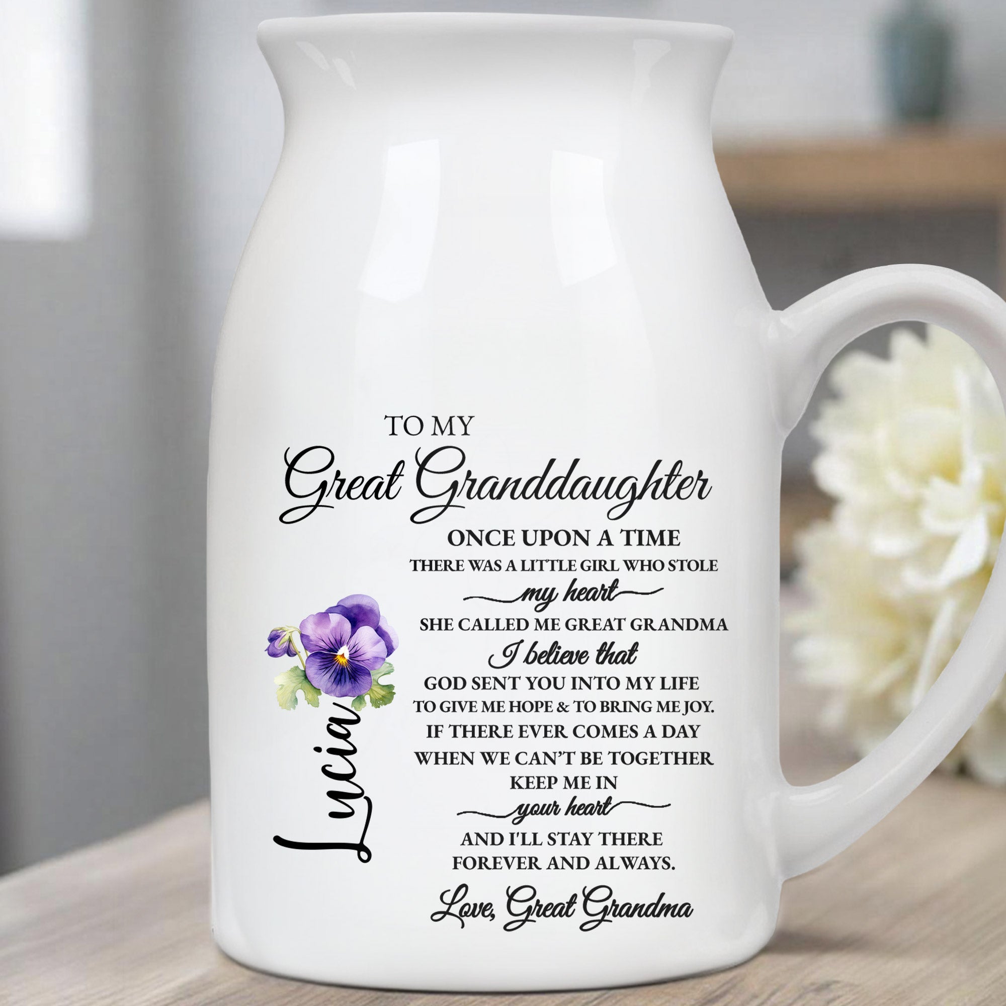 To My Great Granddaughter, Once Upon A Time, Violet Flower - Personalized Ceramic Flower Vase