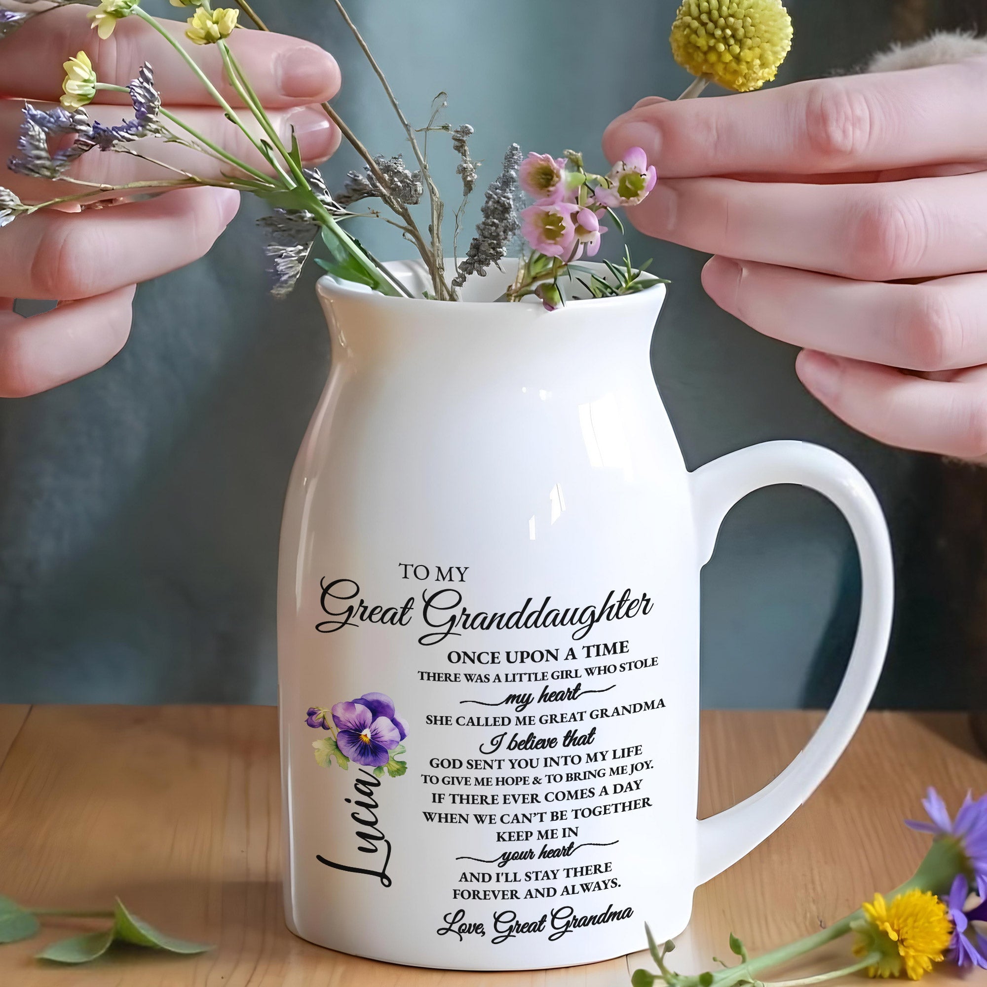 To My Great Granddaughter, Once Upon A Time, Violet Flower - Personalized Ceramic Flower Vase