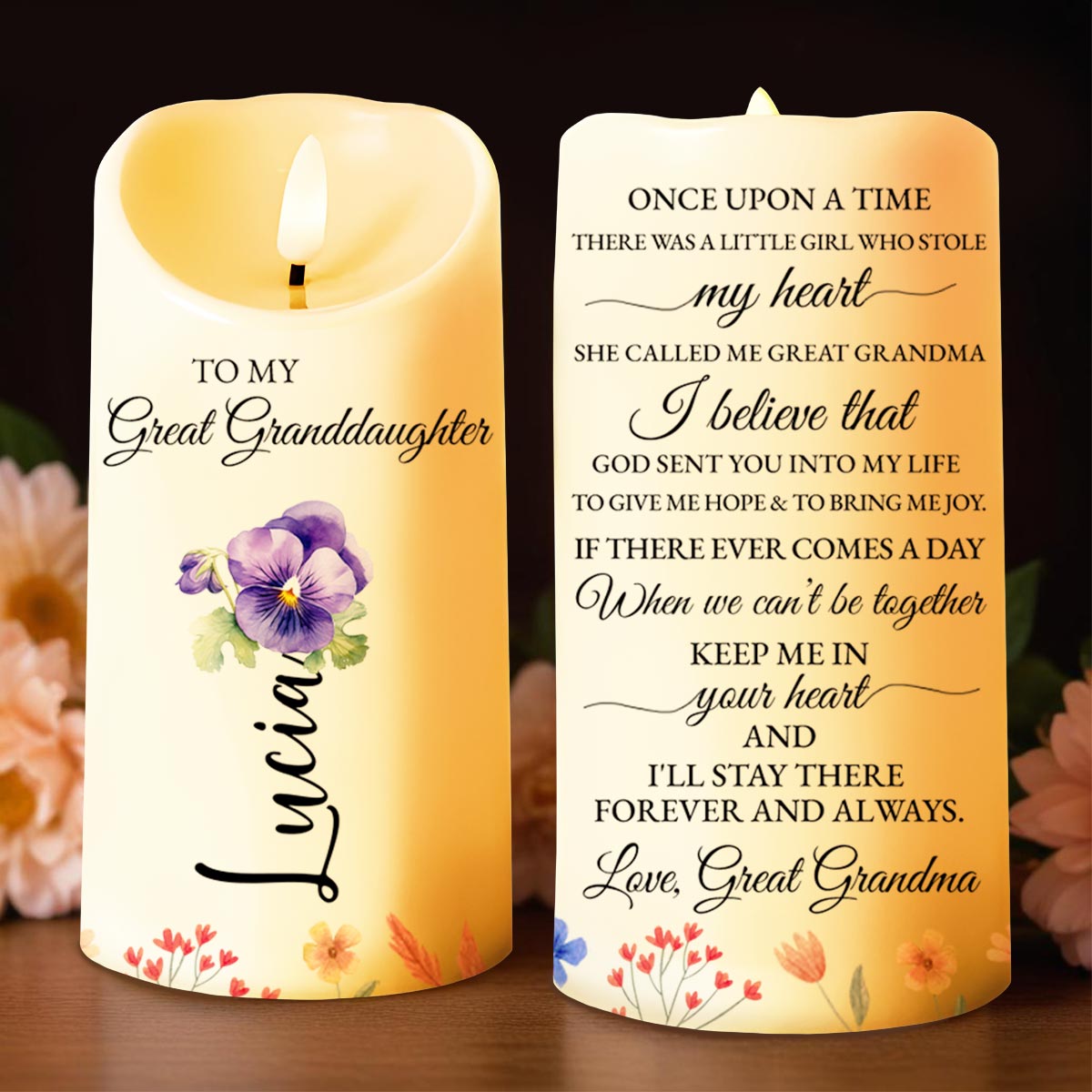 To My Great Granddaughter, Once Upon A Time, Flowers and Candle - Personalized Custom LED Candle - GDT243_LECA