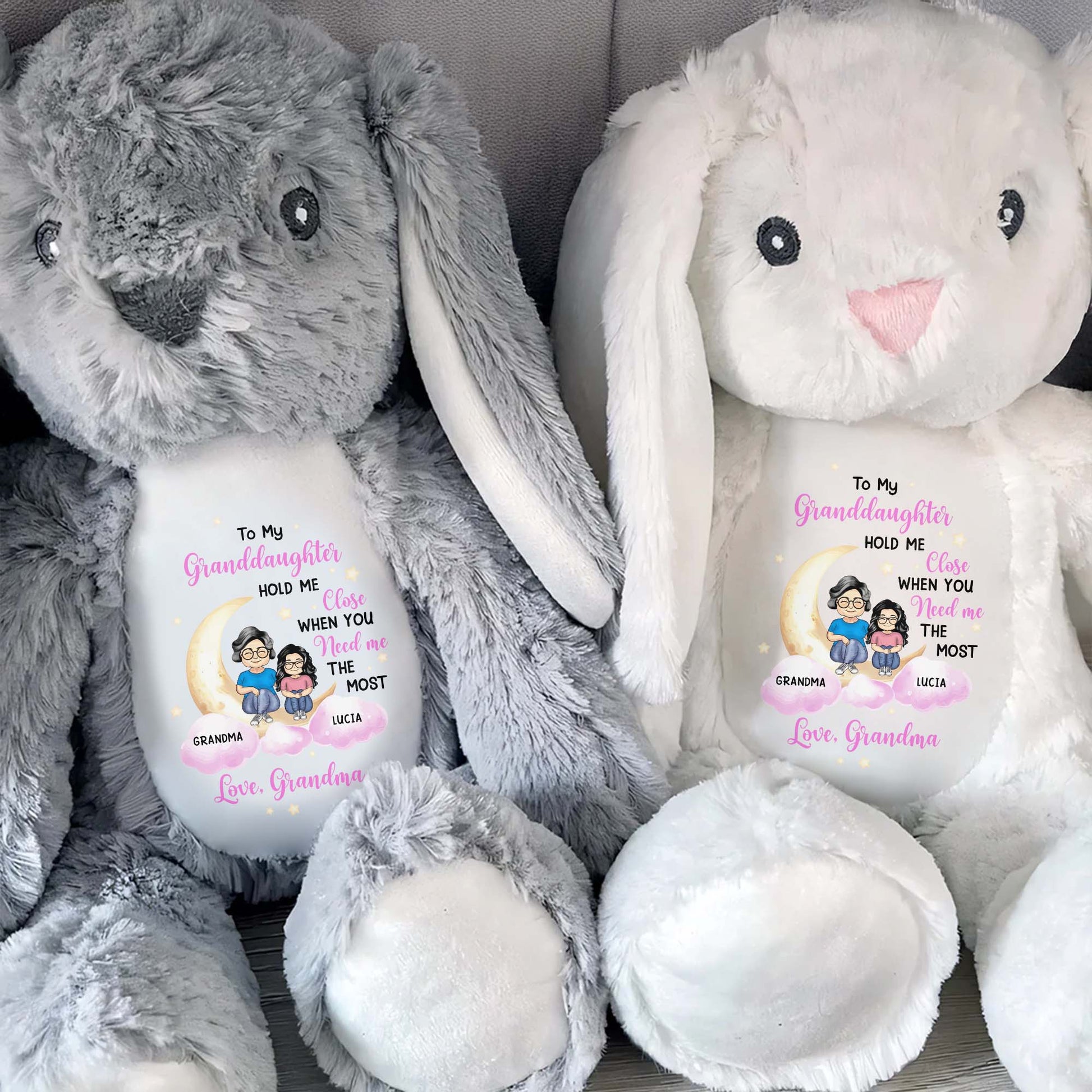 To My Granddaughter, Hold Me Close When You Need Me The Most, Bunny and Cartoon Characters - Personalized Stuffed Bunny - GDT252_BUN