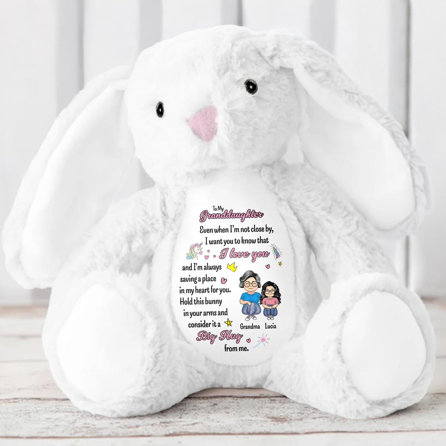 To My Granddaughter, Even when I'm not close by, I want you to know that I love you, Bunny and Hearts - Personalized Stuffed Bunny - GDT255_BUN