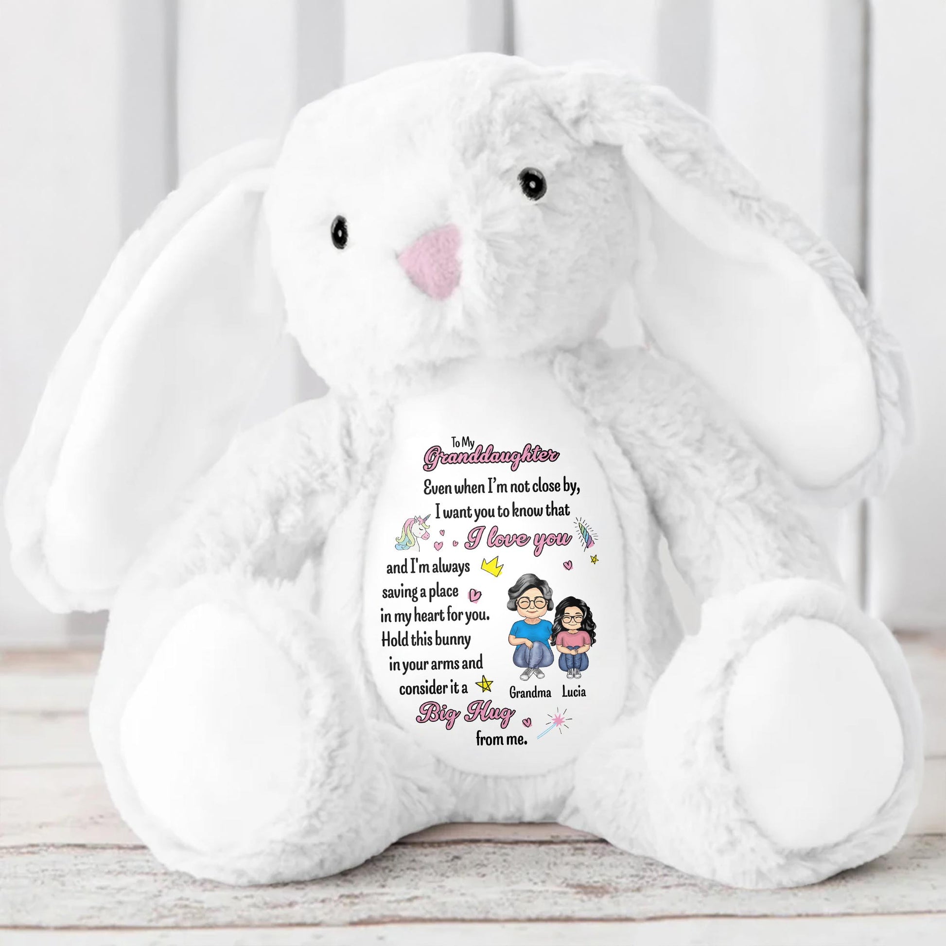To My Granddaughter, Even when I'm not close by, I want you to know that I love you, Bunny and Hearts - Personalized Stuffed Bunny - GDT255_BUN