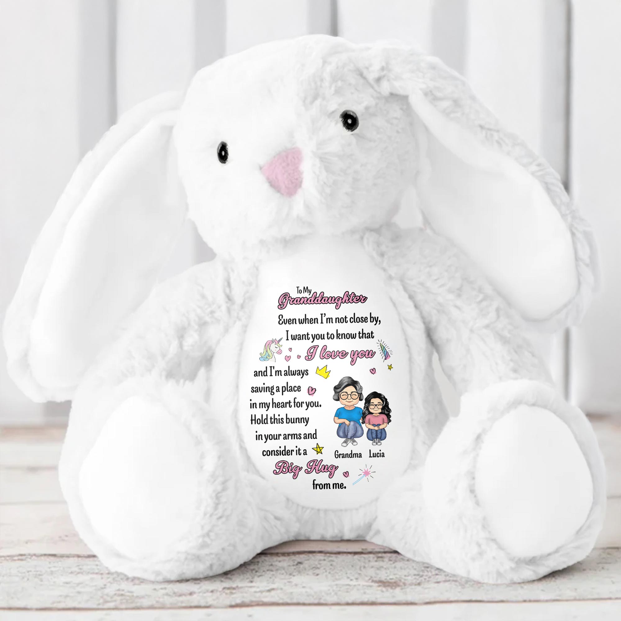To My Granddaughter, Even when I'm not close by, I want you to know that I love you, Bunny and Hearts - Personalized Stuffed Bunny - GDT255_BUN