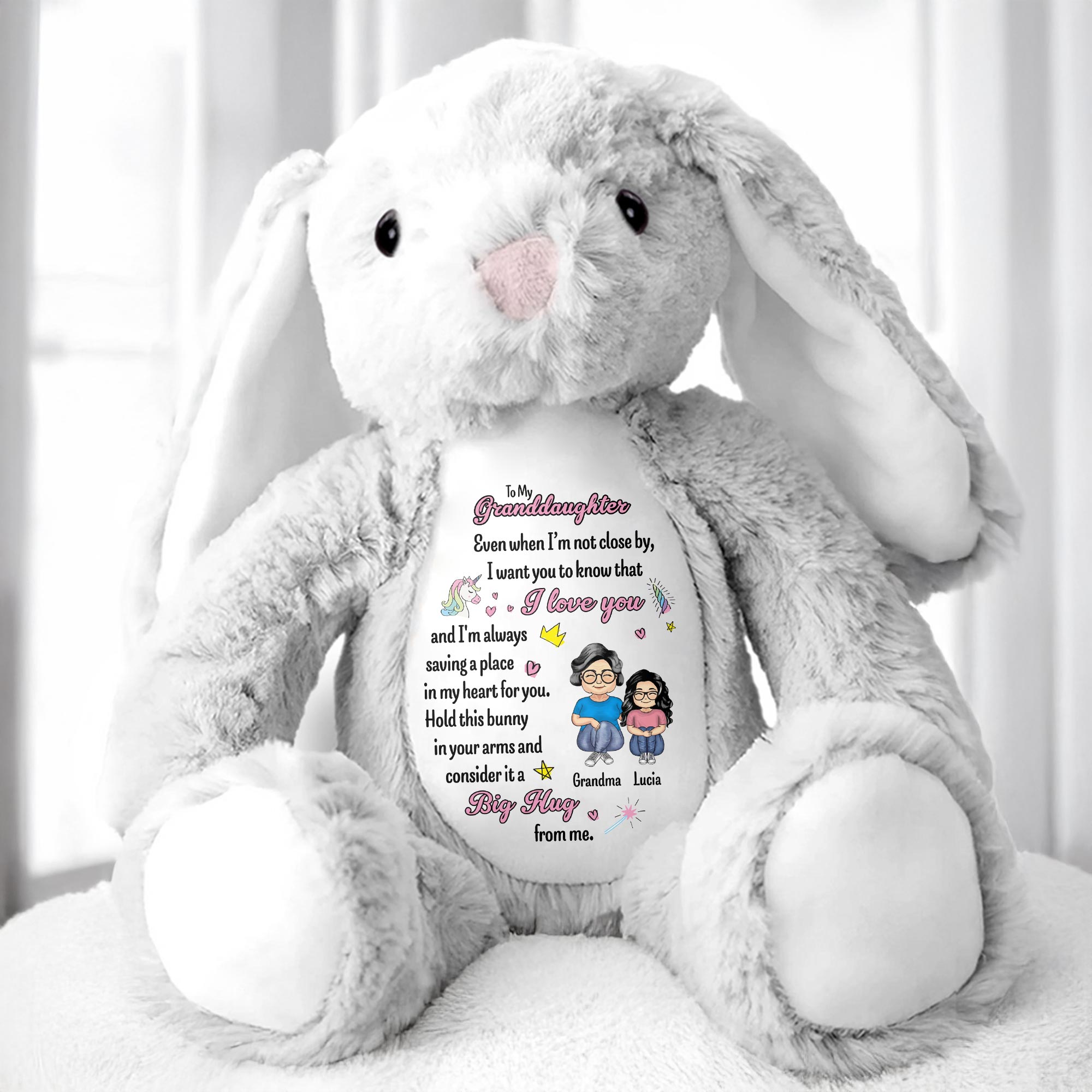 To My Granddaughter, Even when I'm not close by, I want you to know that I love you, Bunny and Hearts - Personalized Stuffed Bunny - GDT255_BUN
