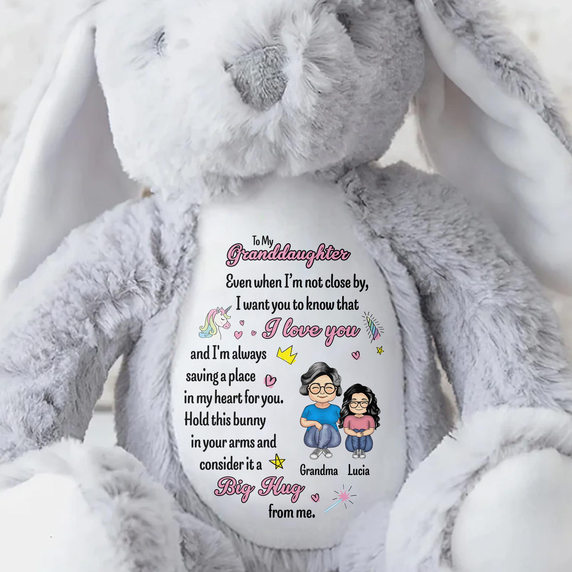 To My Granddaughter, Even when I'm not close by, I want you to know that I love you, Bunny and Hearts - Personalized Stuffed Bunny - GDT255_BUN