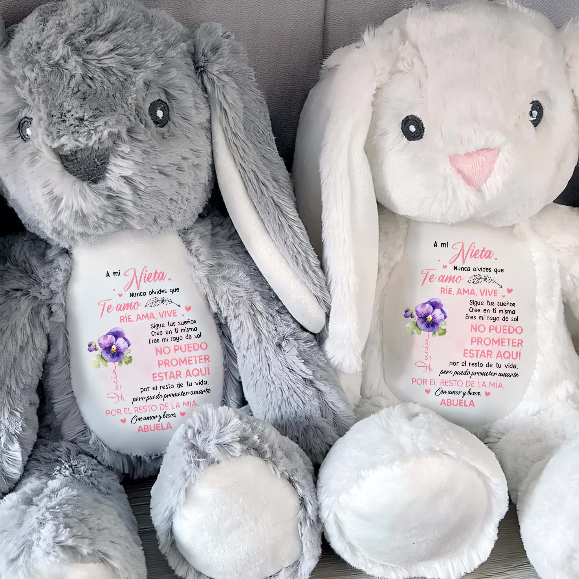 A mi Nieta, Nunca Olvides Que Te Amo, Bunny and Flowers - Personalized Stuffed Bunny - GDT257_BUN