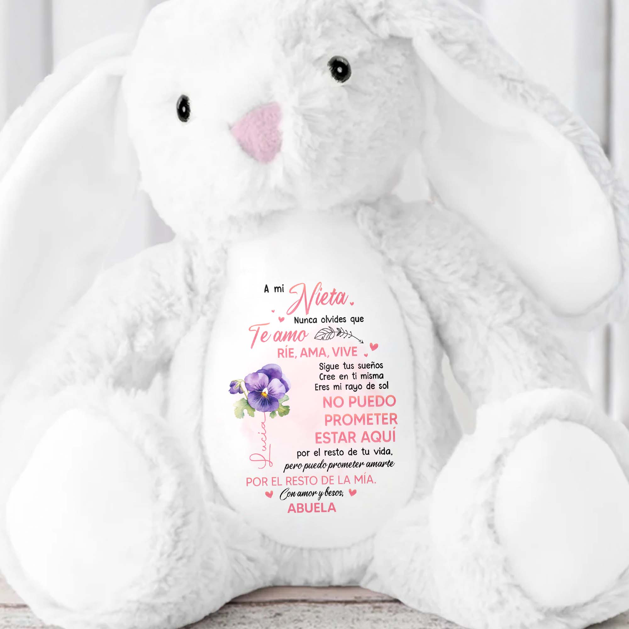 A mi Nieta, Nunca Olvides Que Te Amo, Bunny and Flowers - Personalized Stuffed Bunny - GDT257_BUN