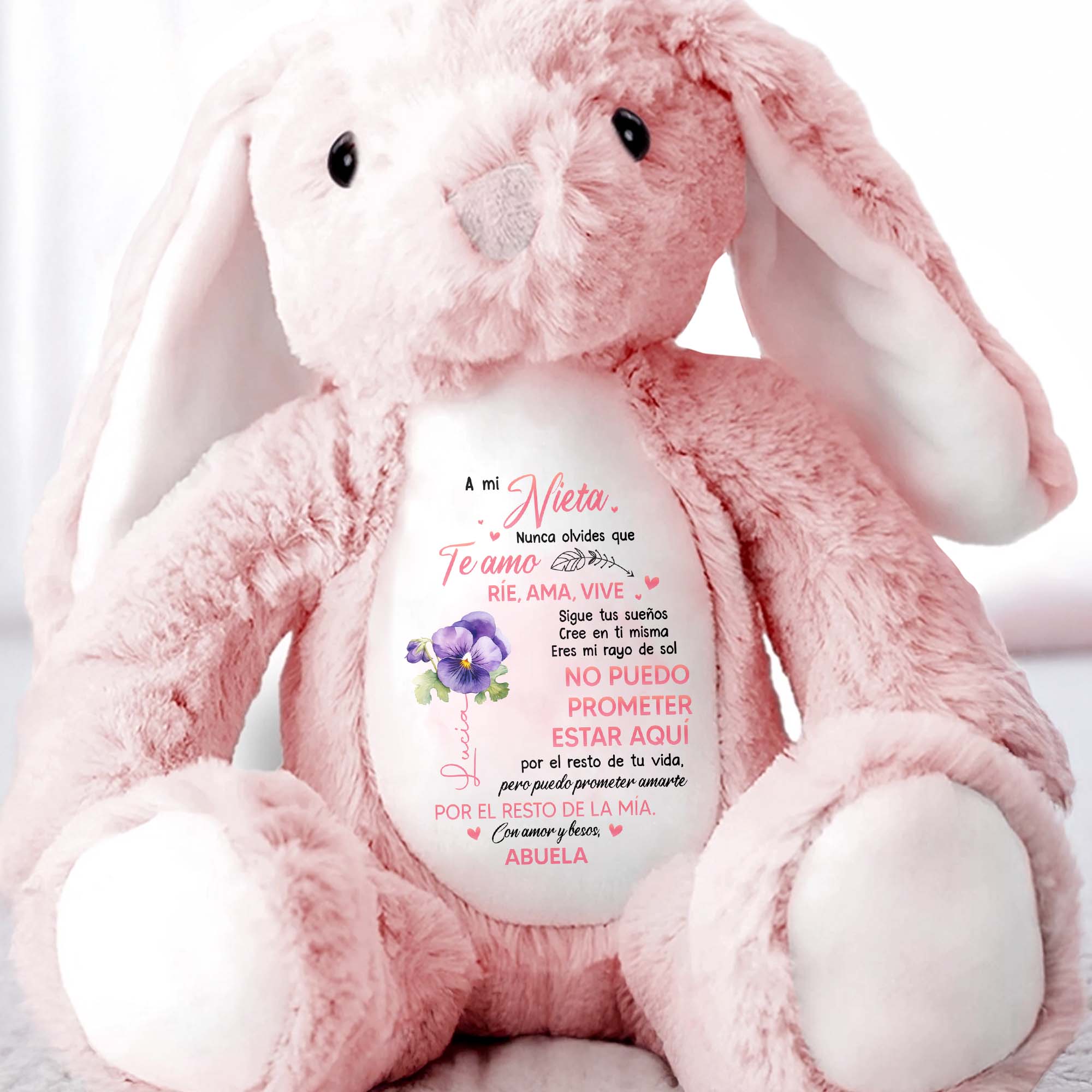 A mi Nieta, Nunca Olvides Que Te Amo, Bunny and Flowers - Personalized Stuffed Bunny - GDT257_BUN