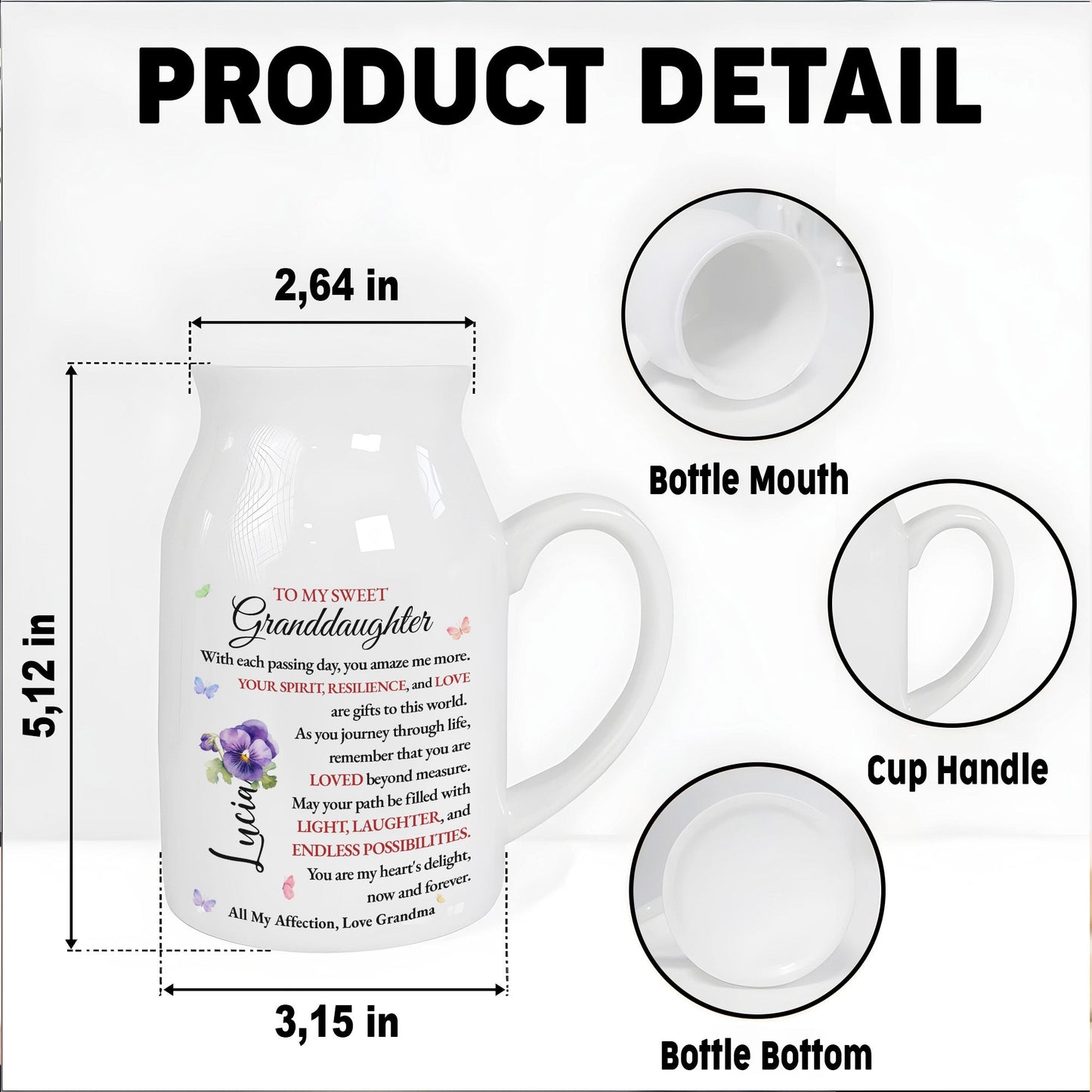 To My Sweet Granddaughter, Butterflies And Pansy Flower - Personalized Ceramic Flower Vase